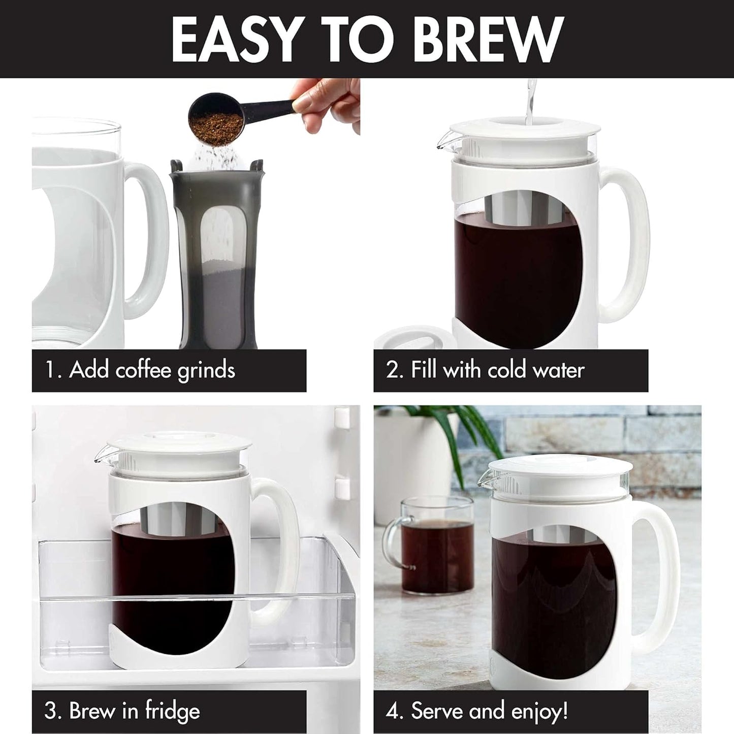 Primula Burke Deluxe Cold Brew Iced Coffee Maker, Comfort Grip Handle, Durable Glass Carafe, Removable Mesh Filter, Perfect 6 Cup Size, Dishwasher Safe, 1.6 qt, White