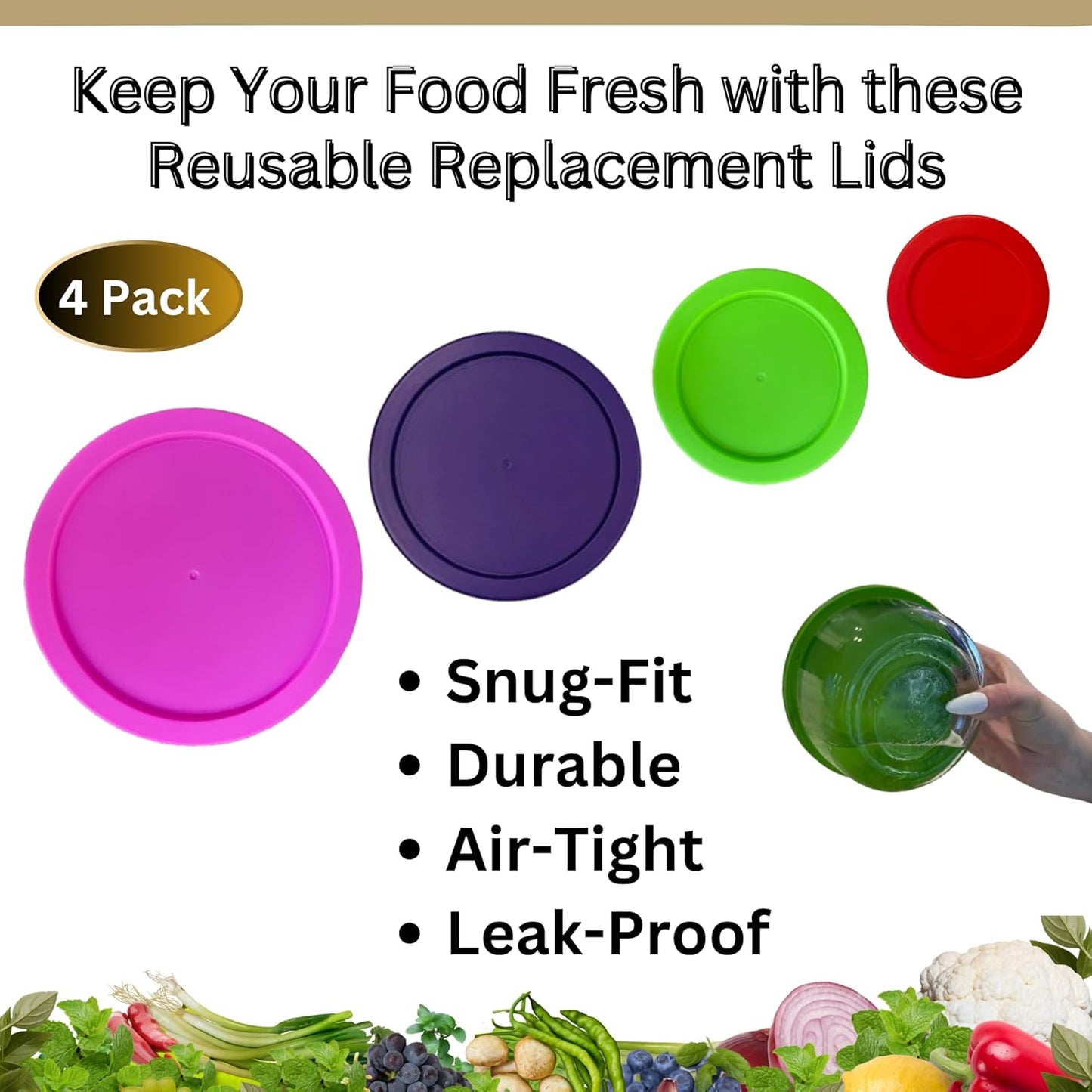 1, 2, 4 & 7 Cup Red, Spring Green, Purple Pink Replacement Lids/Covers for Pyrex, Anchor Hocking & KlareWare Storage Bowls *Lids Only Glass Container Not Included* (4 Pack *One of Each Size*)