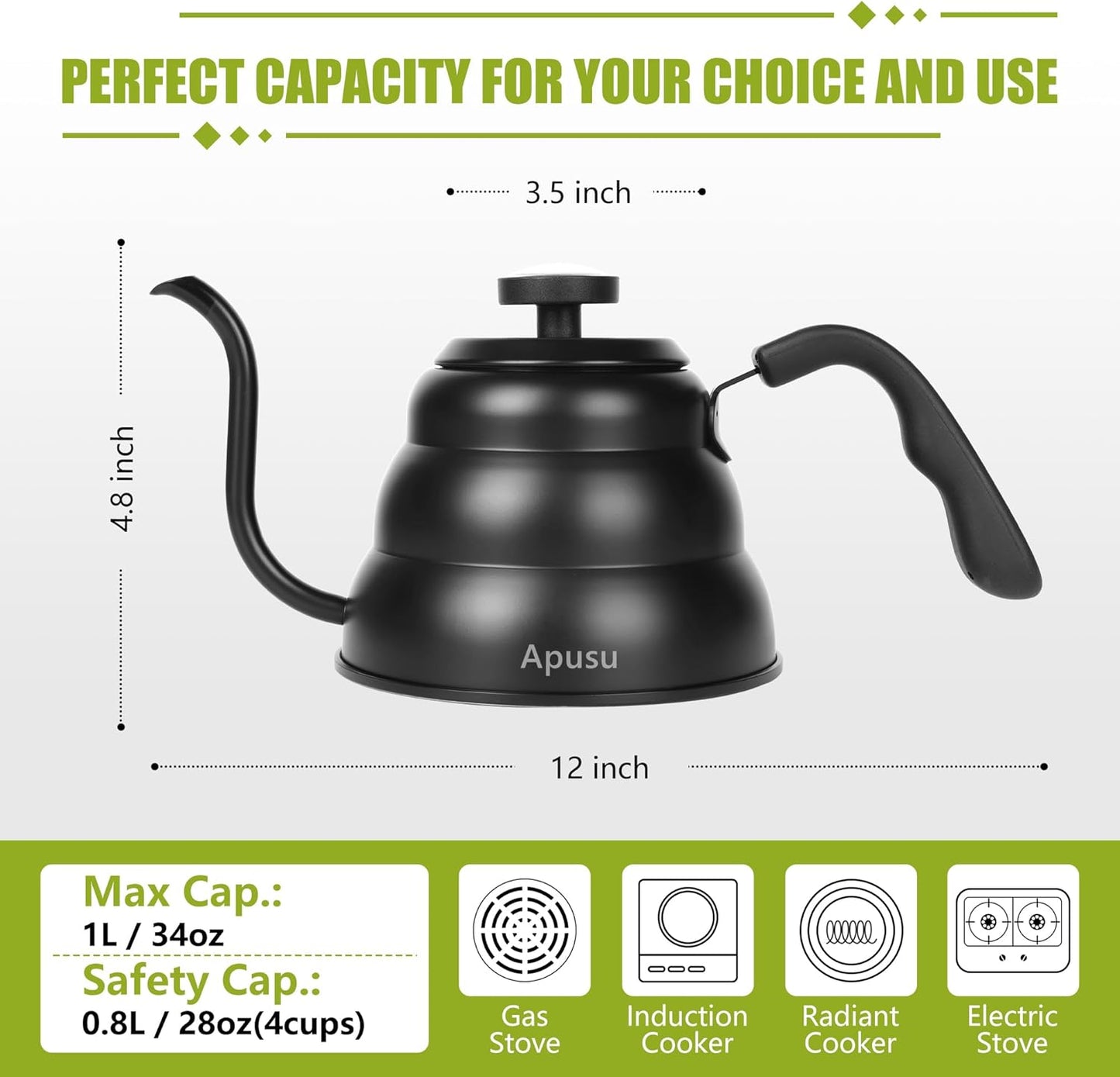 Pour Over Kettle for Manual Drip Coffee and Tea with Thermometer 28oz Gooseneck Kettle with Flow Control Stainless Steel Water Kettle for Stovetop,800ml,4 Cup,Black,1Pack
