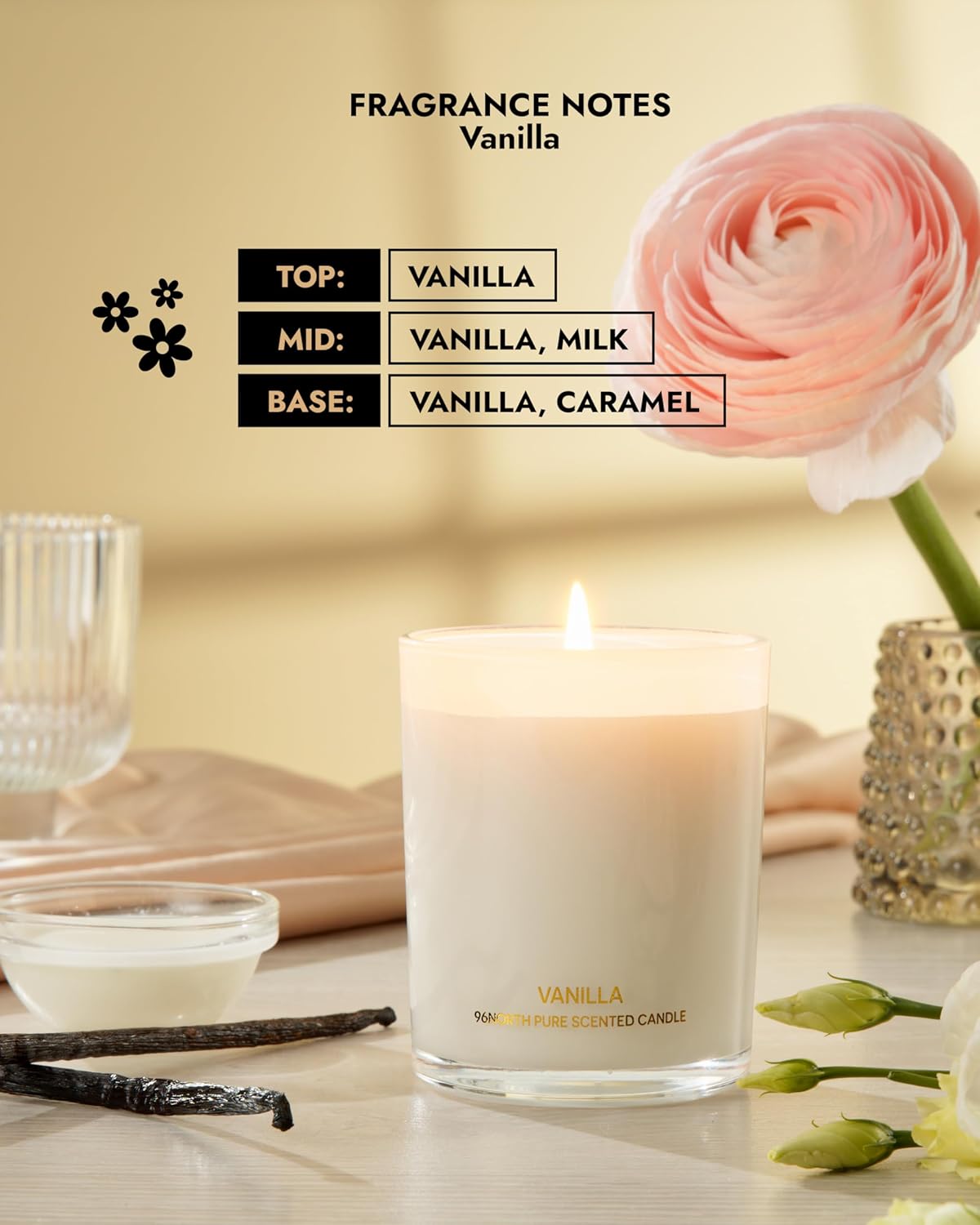 96NORTH | Pure Vanilla Candle | 100% Natural Soy Wax | One Wick Jar Candle | Natural Fragrance Technology | Non Toxic | Up to 35 Hours Burning Time | Aromatherapy Gift for Men and Women