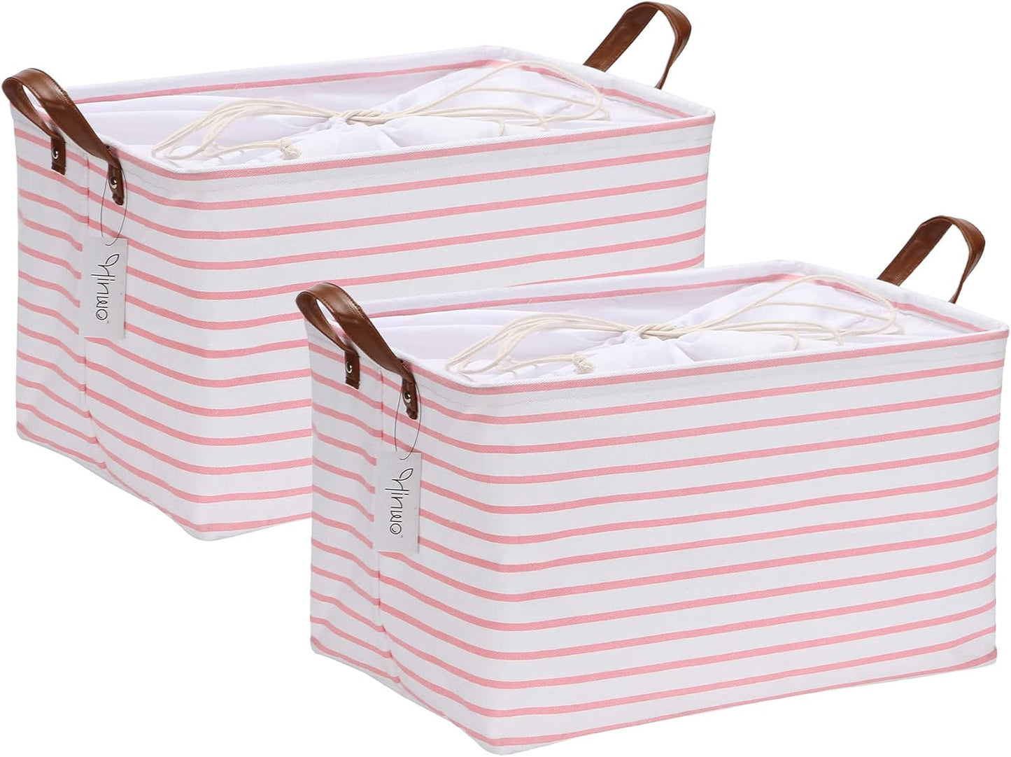 Hinwo 31L Large Storage Bins, 2-Pack Closet Organizers and Storage, Foldable Clothes Storage Baskets with Handles, Containers for Clothing, Blanket, Towels, Toys, Bedding (Pink Stripe)