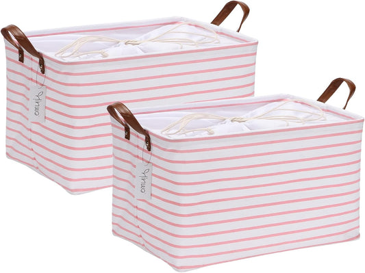 Hinwo 31L Large Storage Bins, 2-Pack Closet Organizers and Storage, Foldable Clothes Storage Baskets with Handles, Containers for Clothing, Blanket, Towels, Toys, Bedding (Pink Stripe)