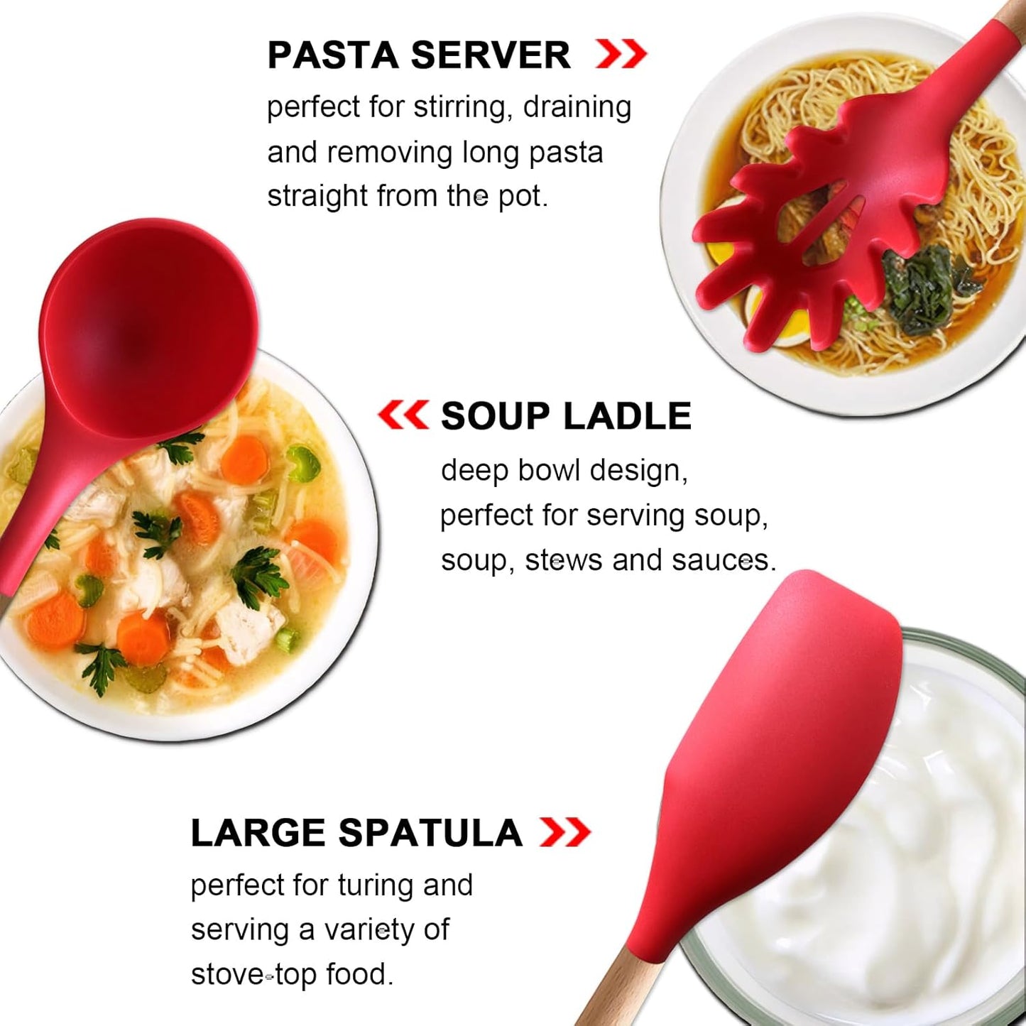 Kitchen Cooking Utensils Set 6Pcs Heat Resistant Silicone Kitchen Utensils Spatula Spoon Turner Ladle w Wooden Handle, BPA FREE Silicone Cooking Tool Gadget Set for Nonstick Cookware & Baking