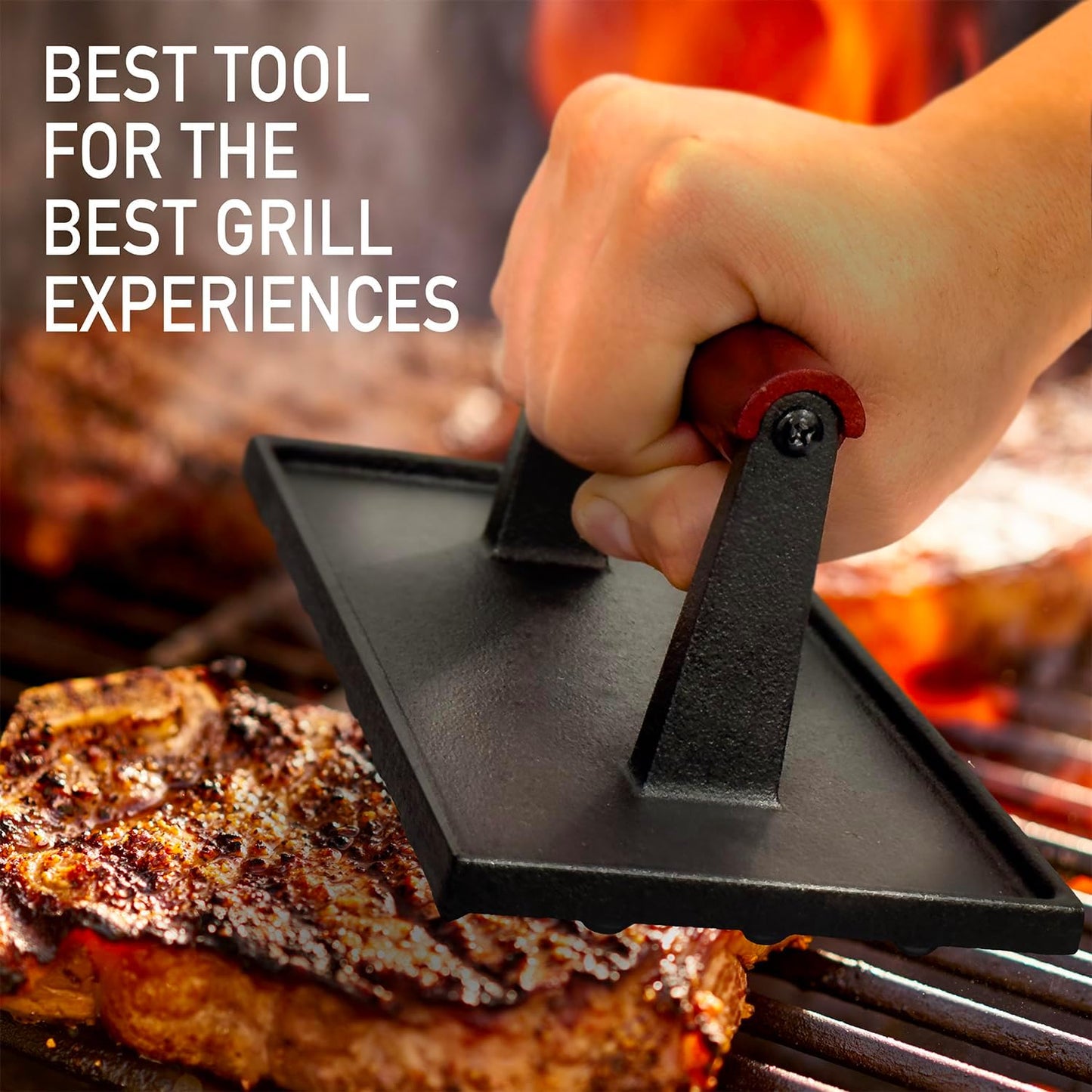 Cast Iron Bacon Press 7" Round & Rectangle 8"x4" Cast Iron Grill Press - Meat Press for Bacon, Steak, Burgers and Sandwiches - Non-Stick Griddle Press with Cool-Touch Wood Handle