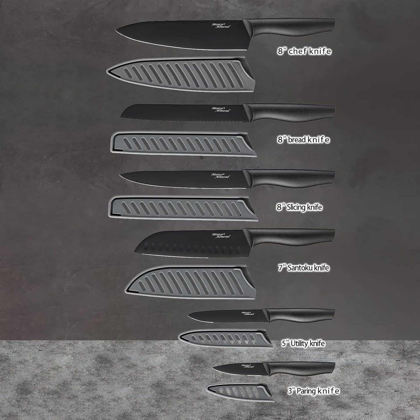 Kitchen Knife Set, KYA38 12-Piece Kitchen Knives Set with Covers, Marco Almond® 6 Knives with 6 Blade Guards, Stainless Steel Cooking Knives Set for Kitchen, Black