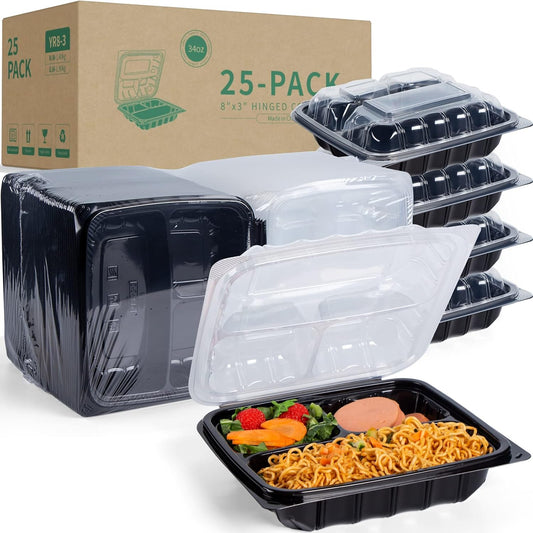 YANGRUI Plastic Containers 8" 34 oz 25 Pack - Reusable Anti Fog Crystal Lid | BPA Free PP Freezer & Microwave Safe Shrink Wrap To Go Box | Black Restaurant Hotel Grade 3 Compartment Takeout Container