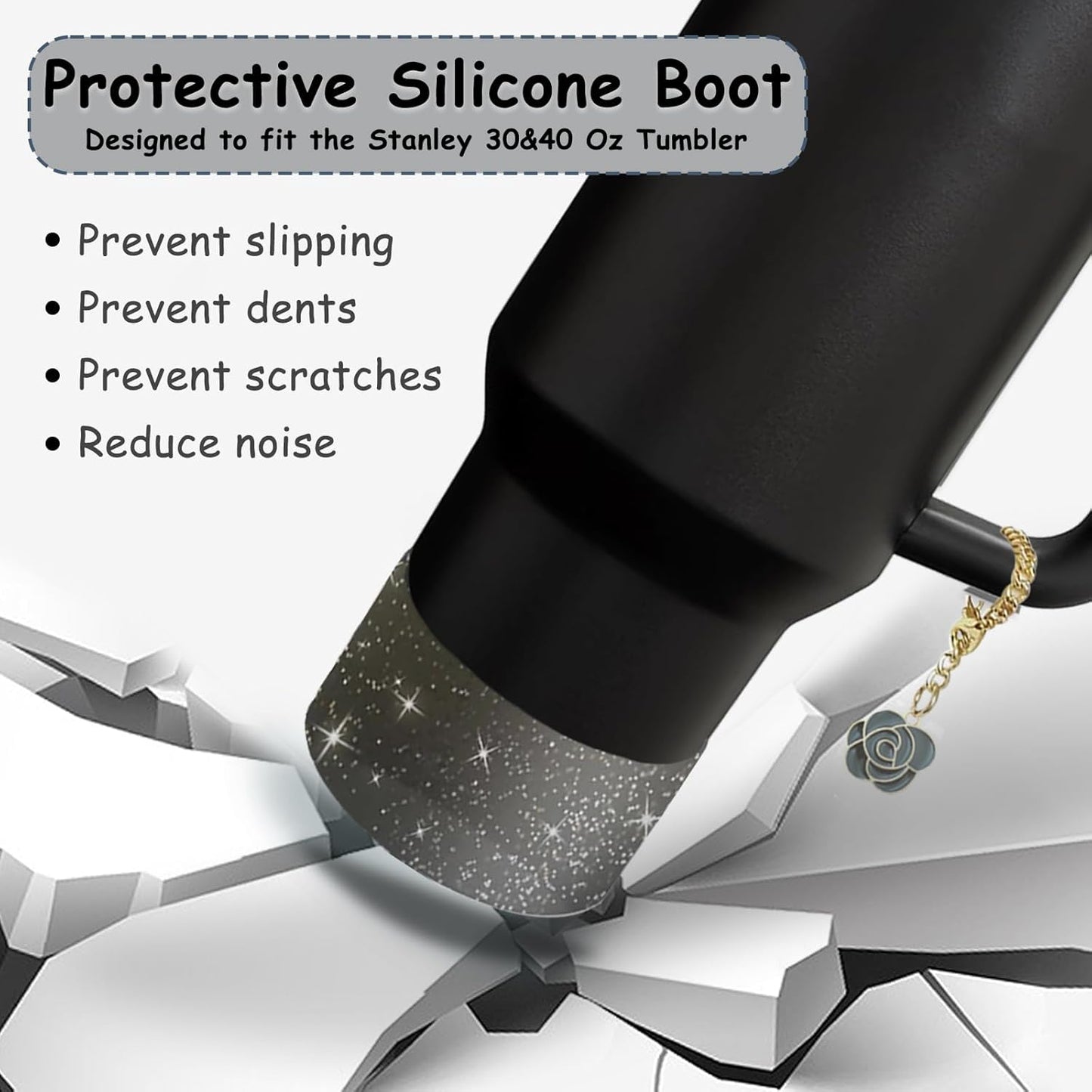 Stanley Cup Accessories Set,Including 2 Pcs 0.4in Straw Cover, 1 Silicone Spill-Proof Stopper Set of 3, 1 Cute Rose Handle Charm, 1 Silicone Boot Fits Stanley 40&30 Oz Tumbler (Black 2.0)