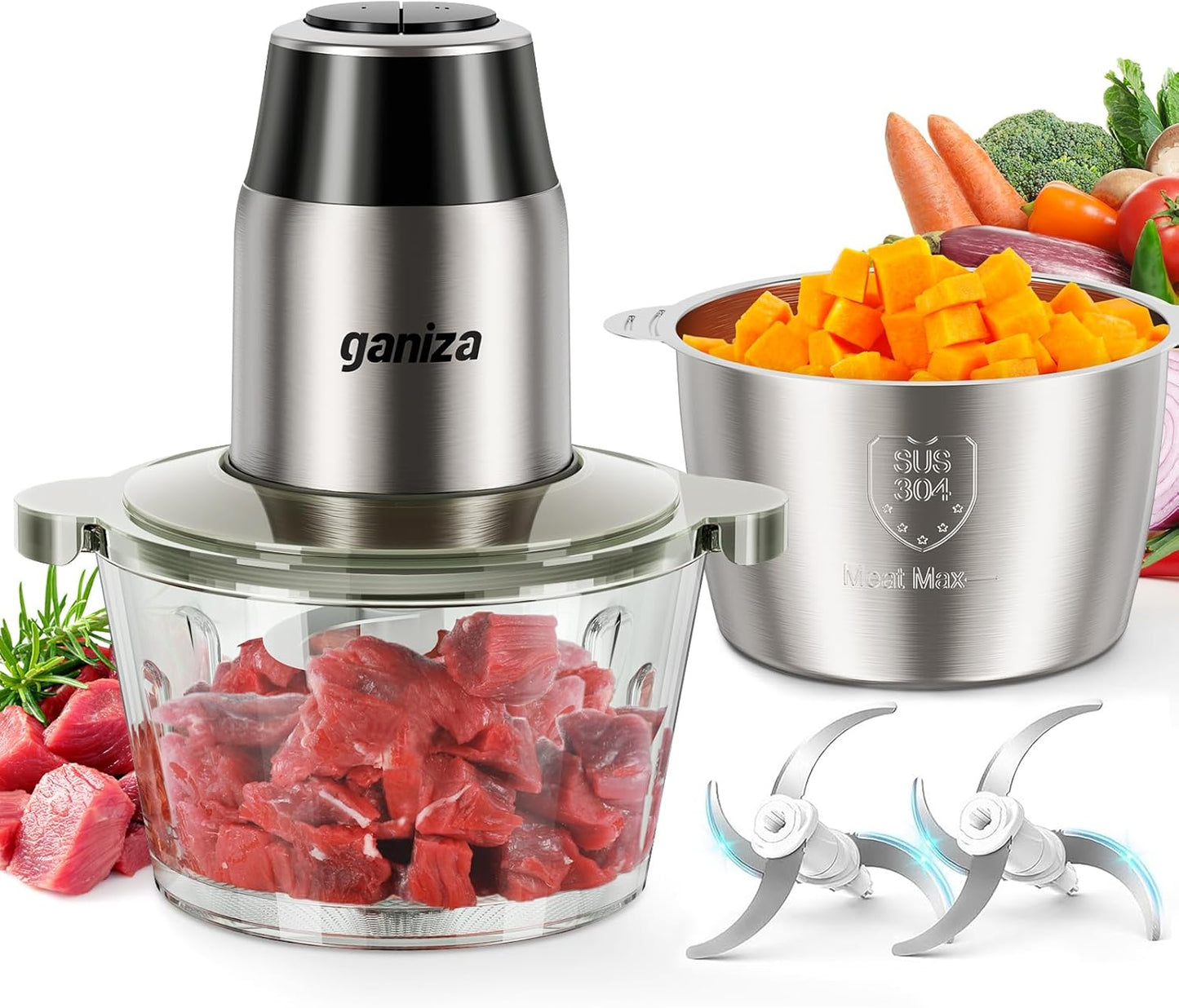 GANIZA Food Processors, Electric Food Chopper with Meat Grinder & Vegetable Chopper - 2 Bowls (8 Cup+8 Cup) with Powerful 450W Copper Motor - Includes 2 Sets of Bi-Level Blades (B0FNCM5JNM)
