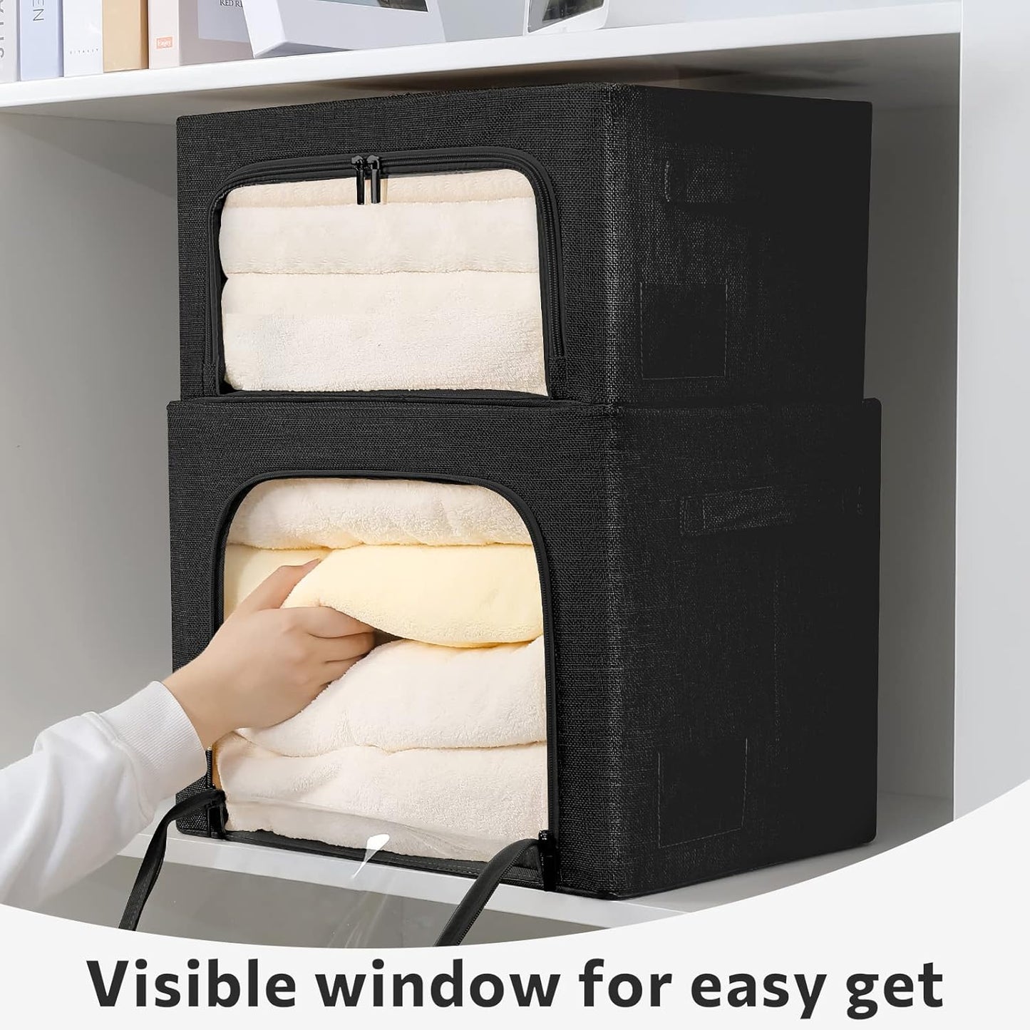 FHSQX 2 Pack Clothes Storage Bins Foldable Metal Frame Storage Box Linen Fabric Organizer Set with Carrying Handles and Clear Window (Black, 15.7x 11.8x 7.8Inch)