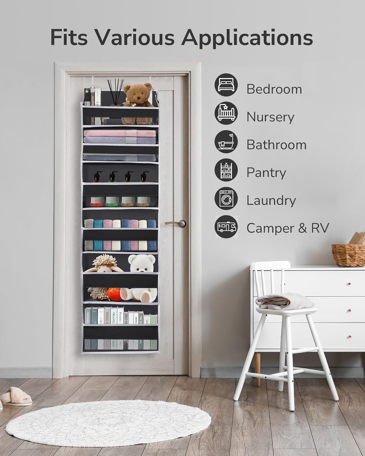 ULG 2Pack-Over The Door Organizer with 6 Large Pockets 12 Side Pockets, 50lbs Weight Capacity Door Hanging Organizer Black