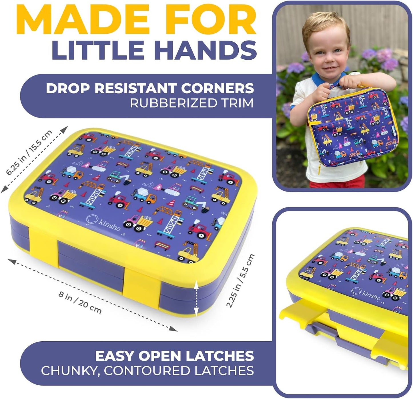 Bento Box, Insulated Lunch Bag, Ice Pack & Water Bottle Set for Kids - 5 Compartments, Lunches or Snack Container Boys Toddlers Daycare Pre-School, Kindergarten Blue Yellow Trucks