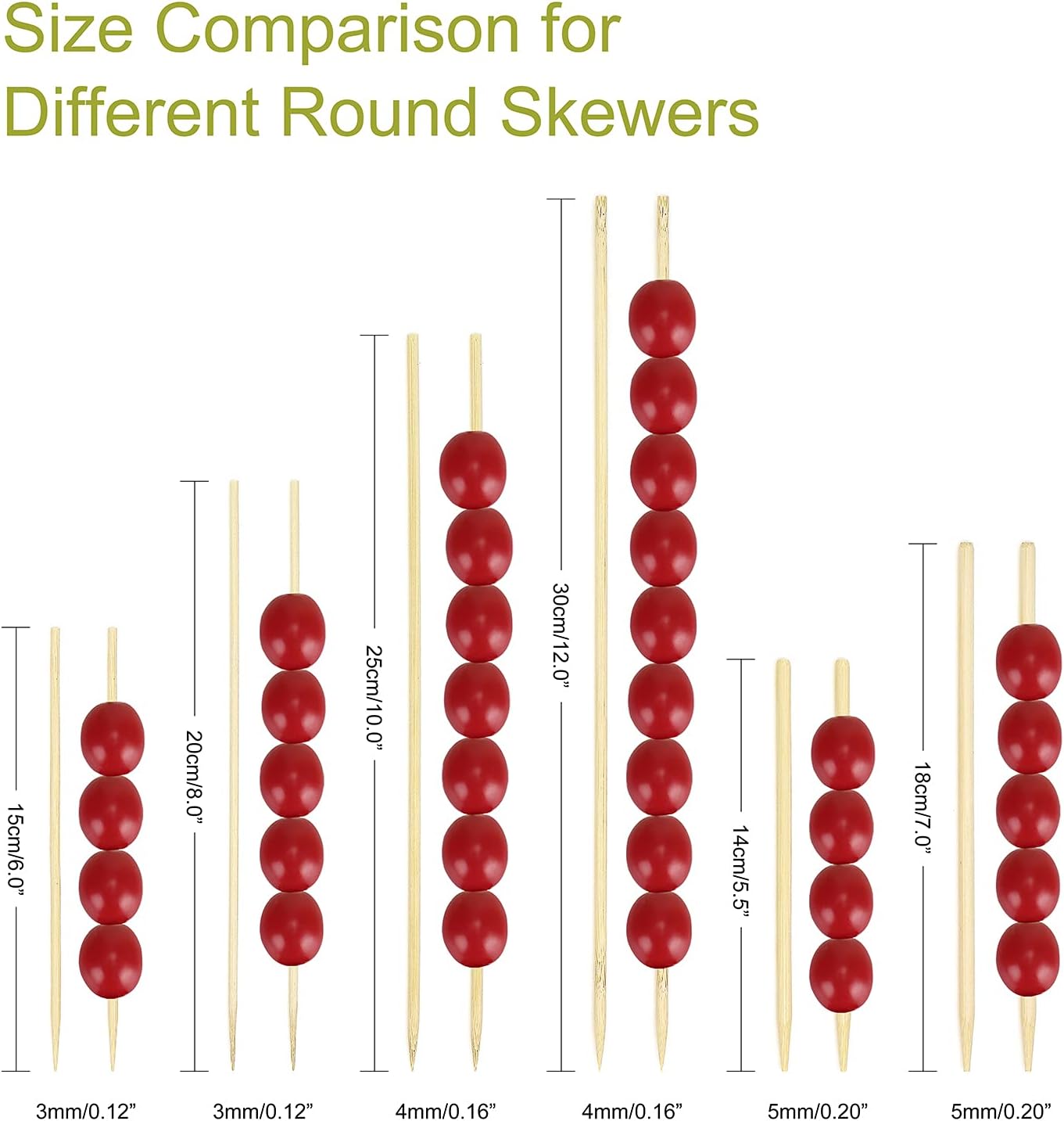 Minisland Premium 6 inch Bamboo Skewers for Appetizers Fruit Kabobs 3mm Thin Small Short Wooden Food Sticks 100 Counts, Many Sizes Choices 4.7"/5.5"/6"/7"/8"/10"/12" -MSL164