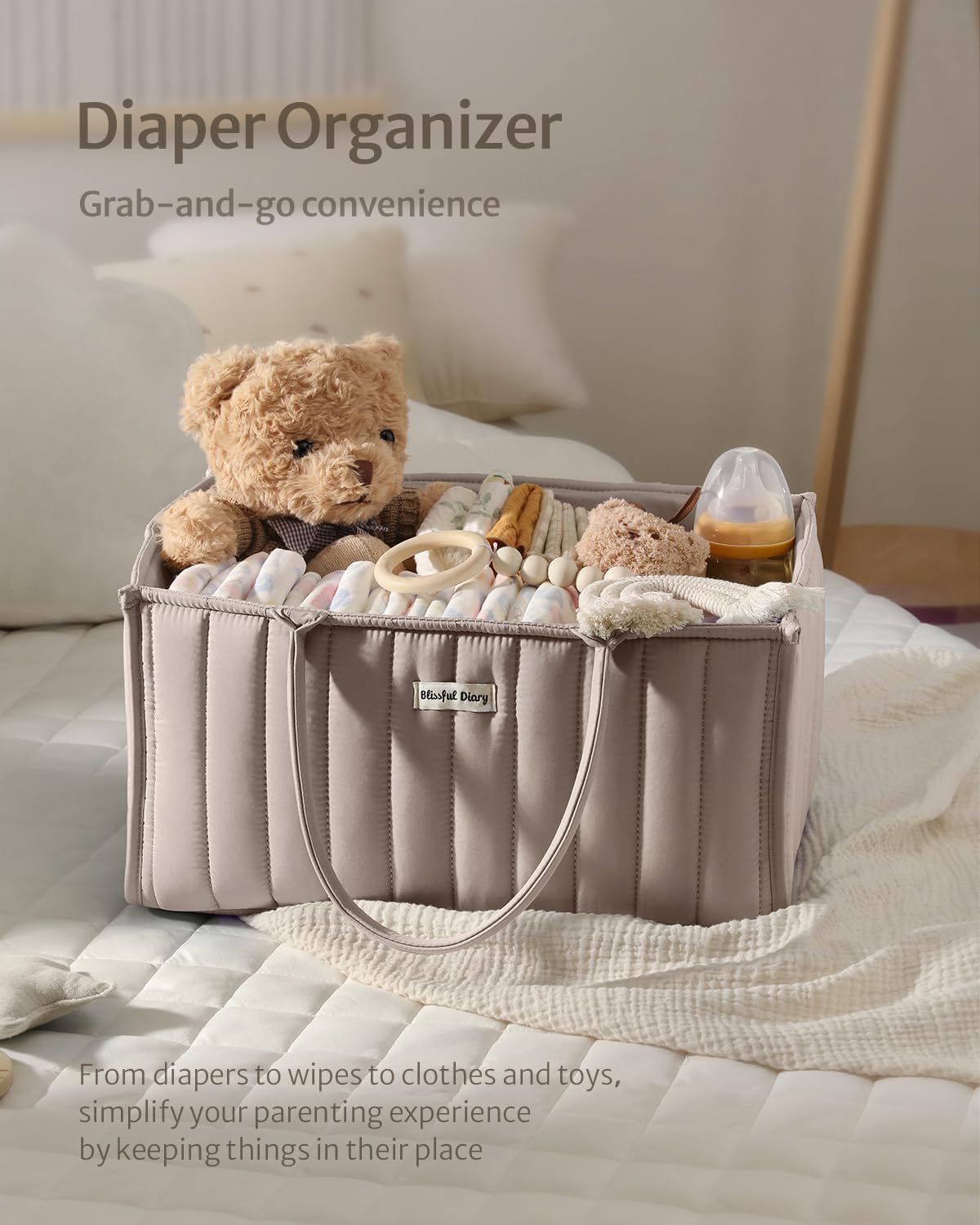 Blissful Diary Baby Diaper Caddy Organizer, Stylish Storage Basket for Newborn Essentials and Diaper Station, Gift for Baby Shower and Registry Must-Have, Sand
