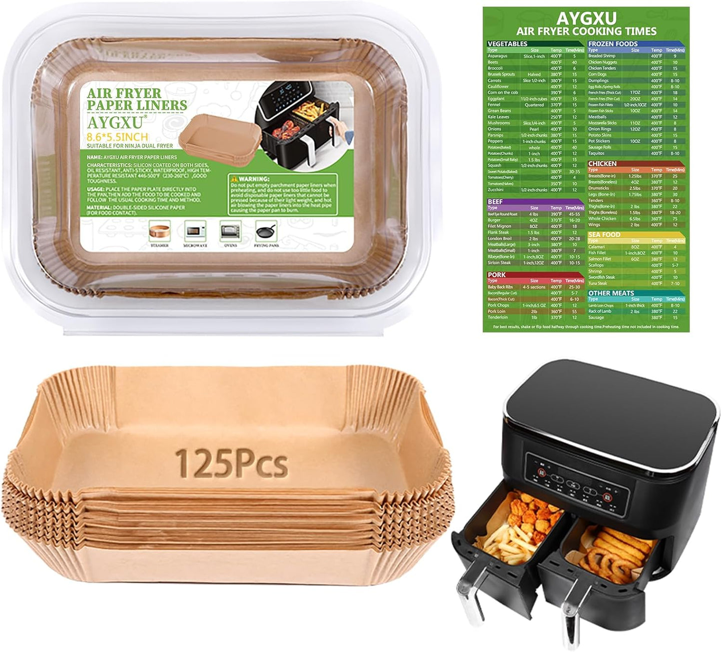 (125PCS) Air Fryer Liners, Disposable for Ninja Dual Air Fryer accessories, Parchment Paper liners rectangle 8.6''*5.5''