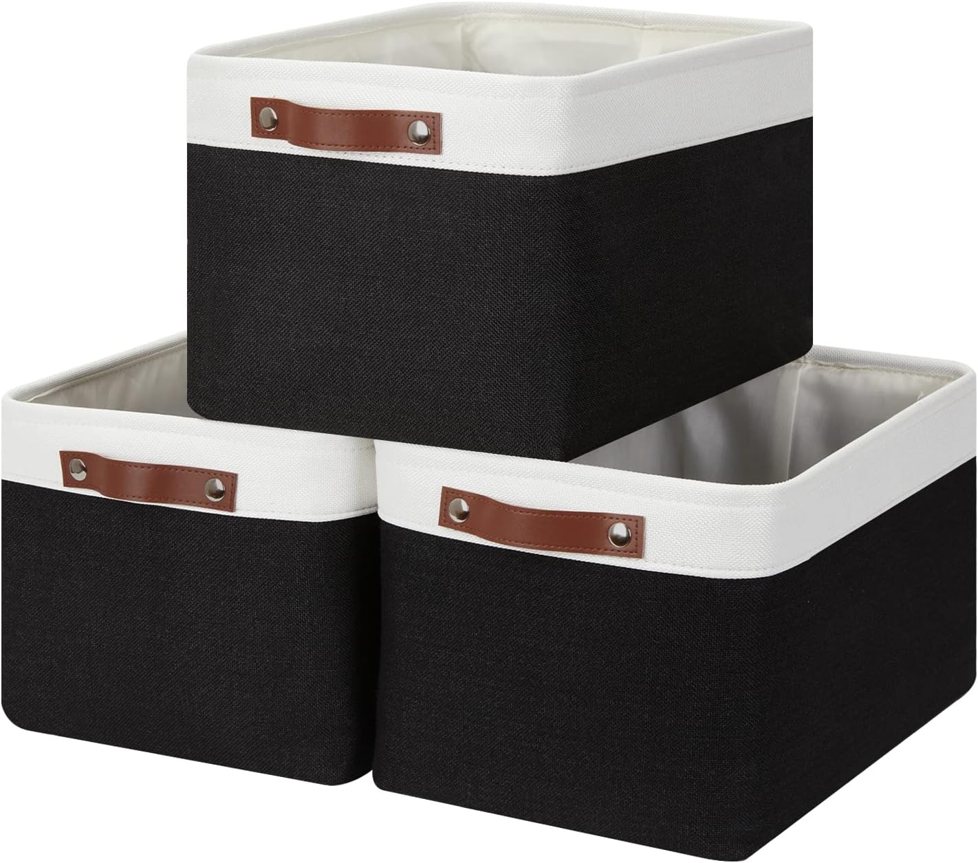 HNZIGE Large Storage Baskets (3 Pack) - Fabric Bins with Leather Handles, Foldable for Organizing Clothes, Toys (Black & White, 15" x 11" x 9.5")