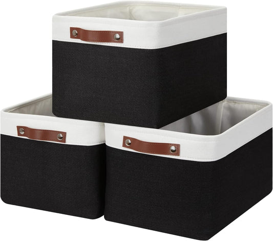 HNZIGE Large Storage Baskets (3 Pack) - Fabric Bins with Leather Handles, Foldable for Organizing Clothes, Toys (Black & White, 15" x 11" x 9.5")