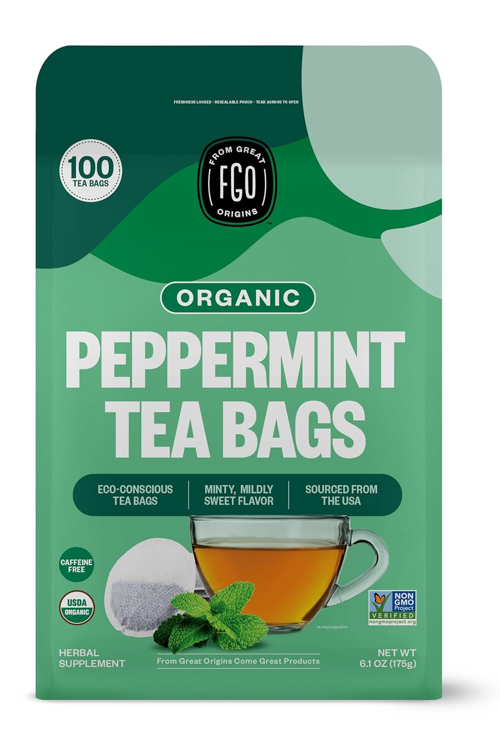 FGO Organic Peppermint Tea, 100 Count, Eco-Conscious Tea Bags, Caffeine Free, Packaging May Vary (Pack of 1)