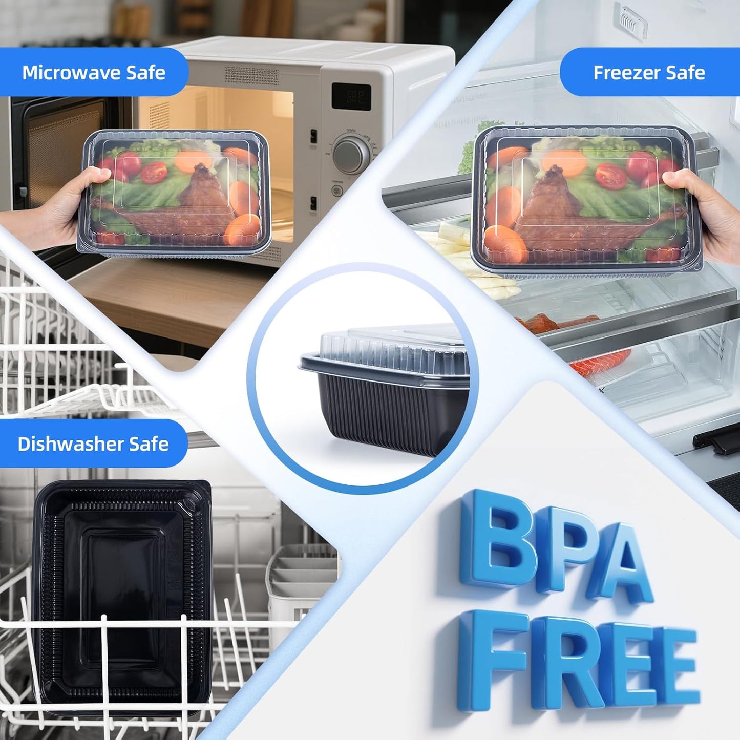 YANGRUI Plastic Containers with Lid 40 Pack 48 oz - Reusable Shrink Wrap Leak Proof Takeout | Flexible Pure PP BPA Free Food Container | Dishwasher & Microwave Safe Restaurant Meal Prep Food Container