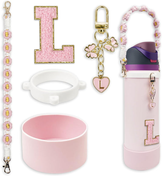 SITKOL Silicone Boot Cute Monogram Set Compatible with Owala Water Bottle 24 oz, 32 oz, 40 oz - Perfect Letter Owala Accessories for Owala Tumbler, Owala Free Sip, Pink Owala, Black Owala