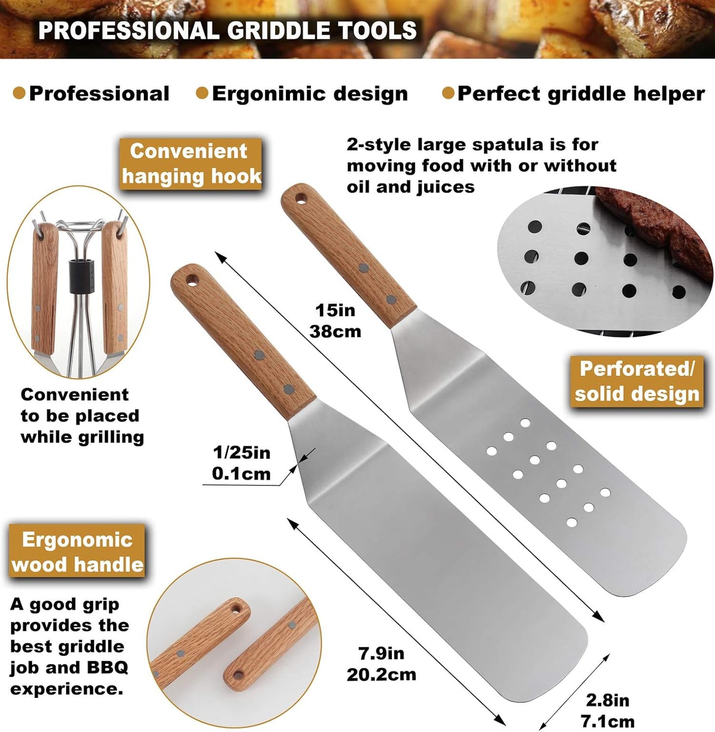 ROMANTICIST 8pcs Professional Griddle Accessories Kit - Heavy Duty Stainless Steel Grill Spatula Set for Grill Griddle Hibachi Flat Top Outdoor Cooking - Great Grill Gift on Birthday Wedding