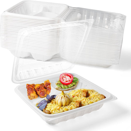 YANGRUI Plastic Containers 8" 34 oz 25 Pack - Reusable Fog Free Crystal Lid Technology | BPA Free PP Freezer & Microwave Safe Shrink-Sealed Takeout Box | White Restaurant 3 Compartment Food Container