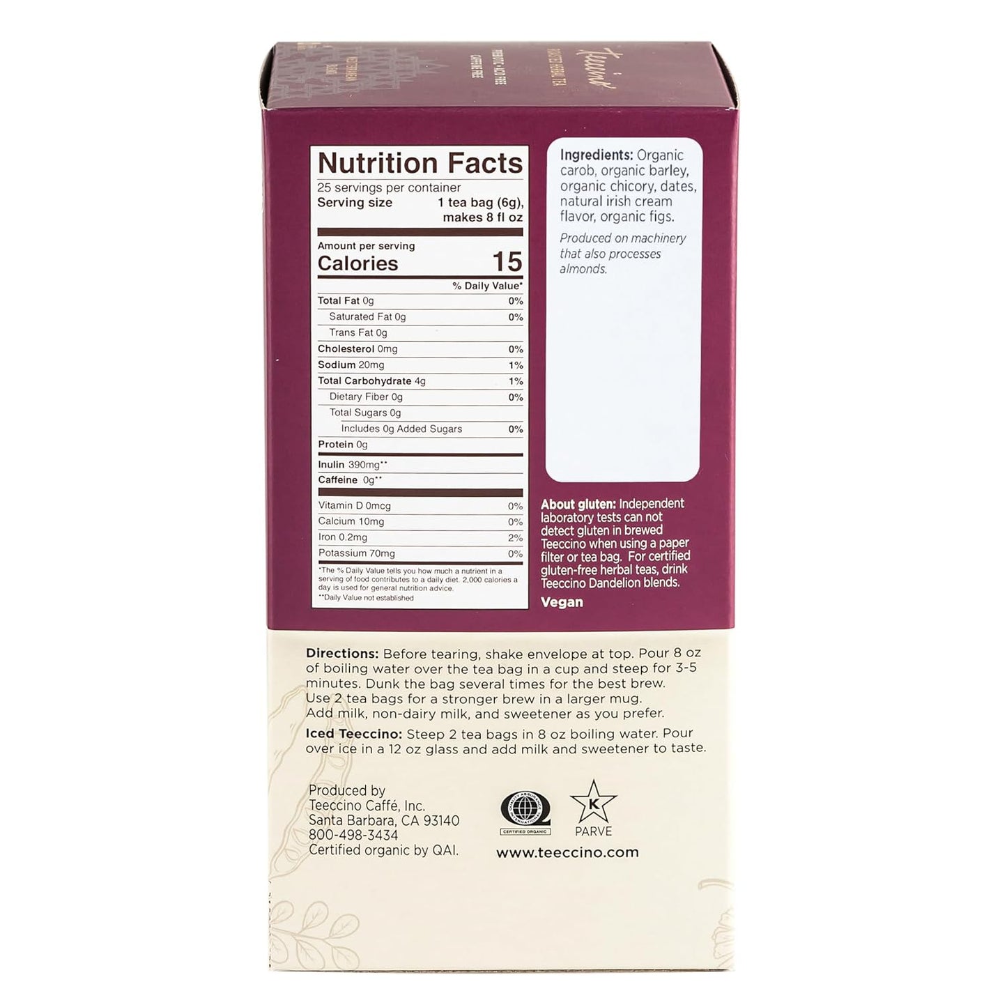Teeccino Irish Cream Herbal Tea, Rich & Roasted Herbal Tea That’s Caffeine Free & Prebiotic for Natural Energy, 25 Tea Bags