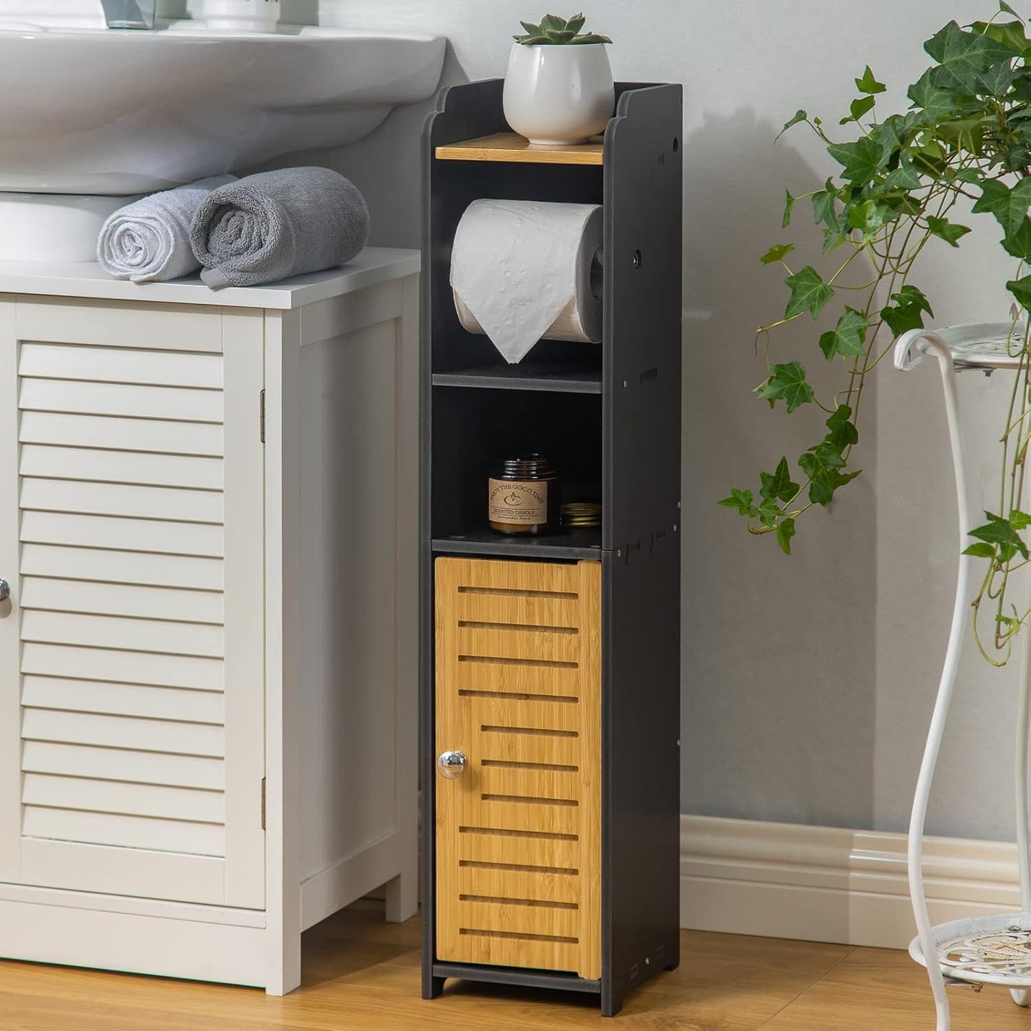 AOJEZOR Toilet Paper Holder Stand: Small Bathroom Storage Cabinet - Black - Bamboo