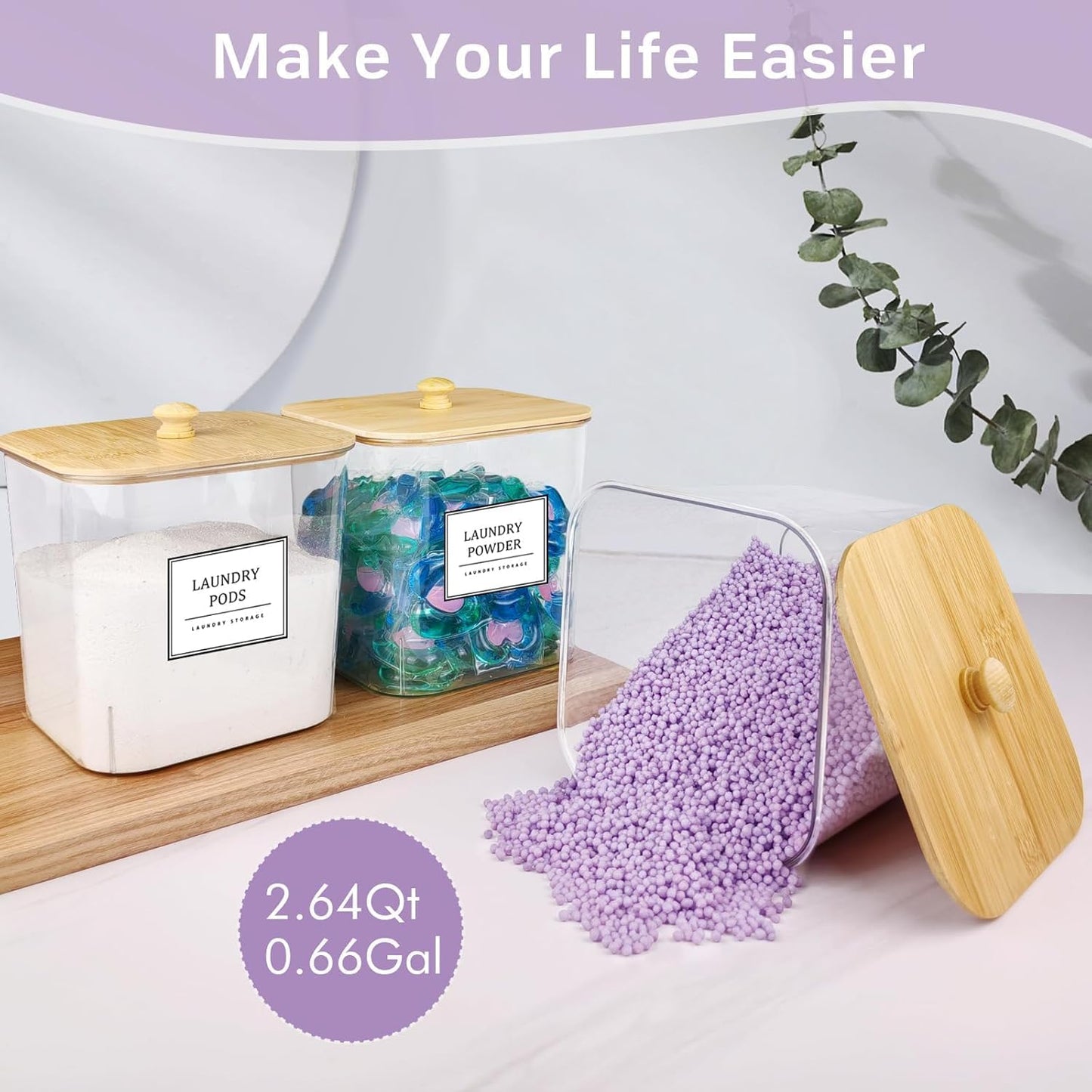 Laundry Pods Storage Container, Clear Laundry Room Organization and Storage ,Detergent Powder Container,with Wooden Lids & Labels, 3+1 Pack