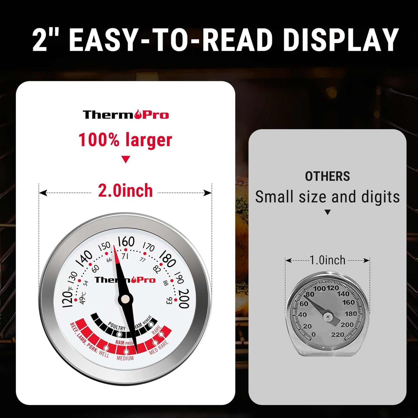ThermoPro APT200 2 Pcs Meat Thermometer for Cooking with Extra-Large 2-Inch Dial, Analog Dial Food Cooking Thermometer with 5.1" Stainless Steel Probe for Poultry, Pork, Beef Candy Making Accessory
