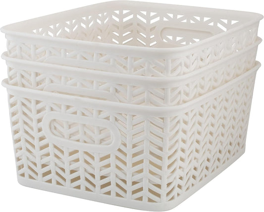 Simplify 3 Pack Small Herringbone Storage Basket | Dimensions: 10"x8"x4" | Light Weight | Two Open Handles | White | Organization | Many Uses | Kitchen Storage | Bathroom Storage |