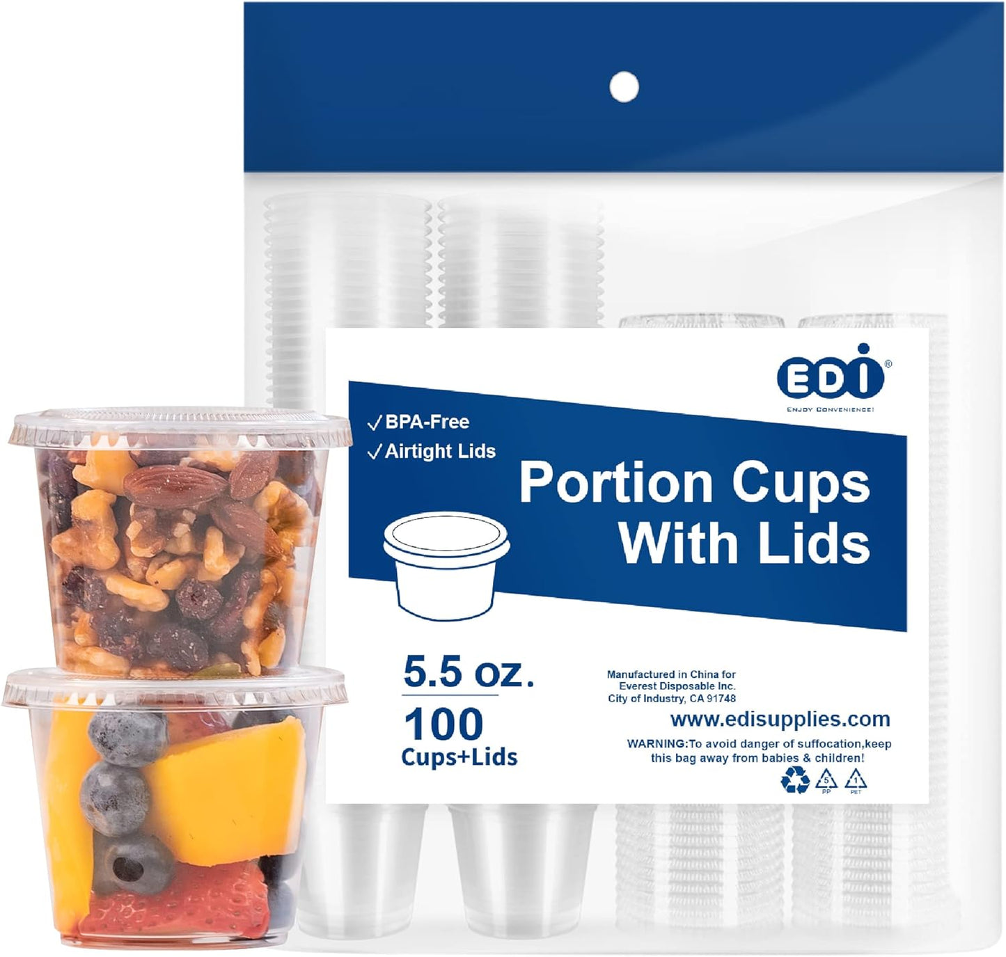 EDI [5.5 OZ, 100 Sets] Clear Disposable Plastic Portion Cups with Leakproof Lids | Jello Shot Condiment and Dipping Sauce Cups | Souffle Cups | BPA Free | Recyclable