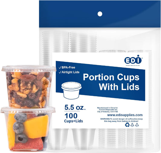 EDI [5.5 OZ, 100 Sets] Clear Disposable Plastic Portion Cups with Leakproof Lids | Jello Shot Condiment and Dipping Sauce Cups | Souffle Cups | BPA Free | Recyclable