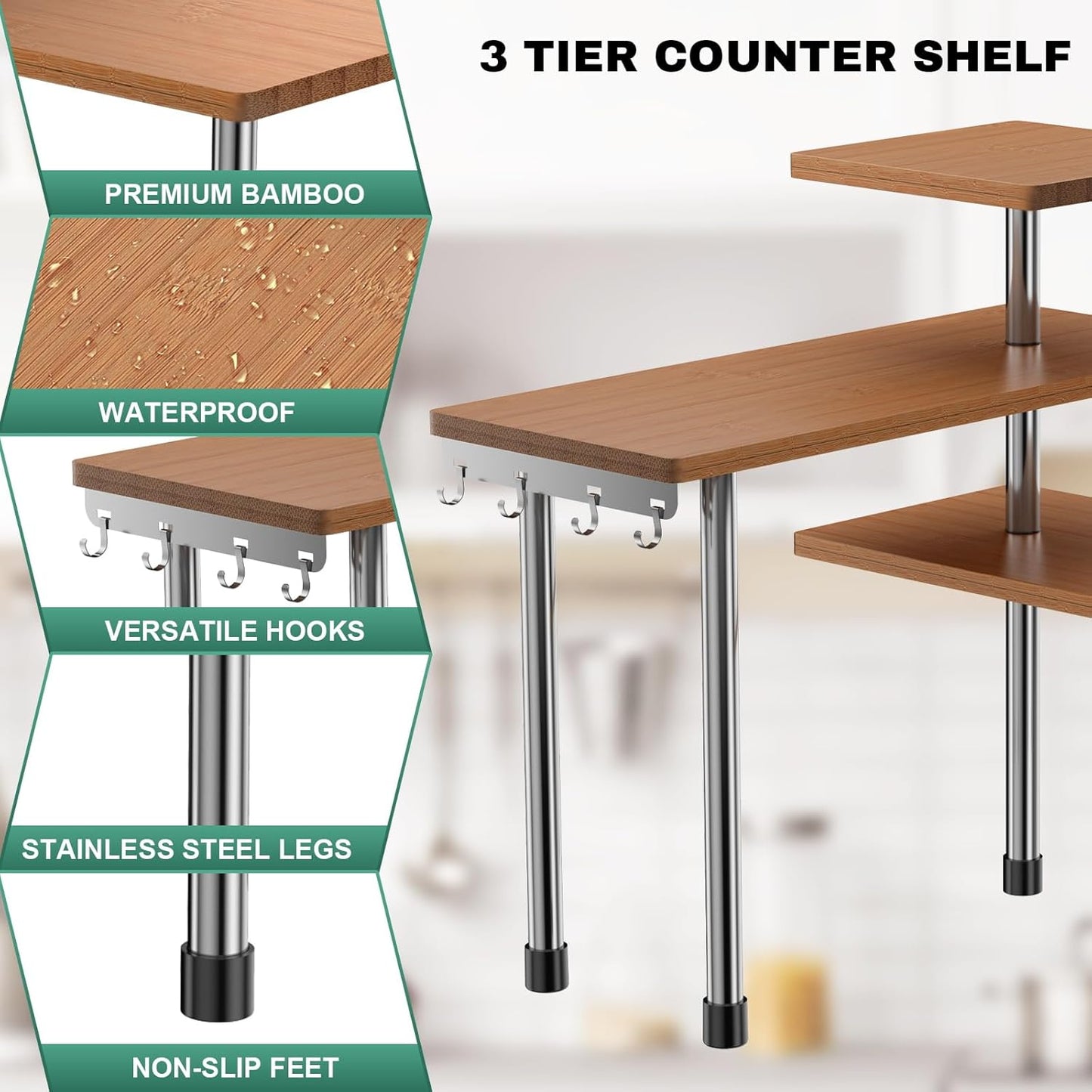 ZHWS Bathroom Counter Organizer Corner Countertop Shelf Adjustable 3 Tier Corner Shelf Kitchen Counter Organizer with 4 Metal Hooks for Bathroom Counter, Makeups, Dresser Table, Over Sink