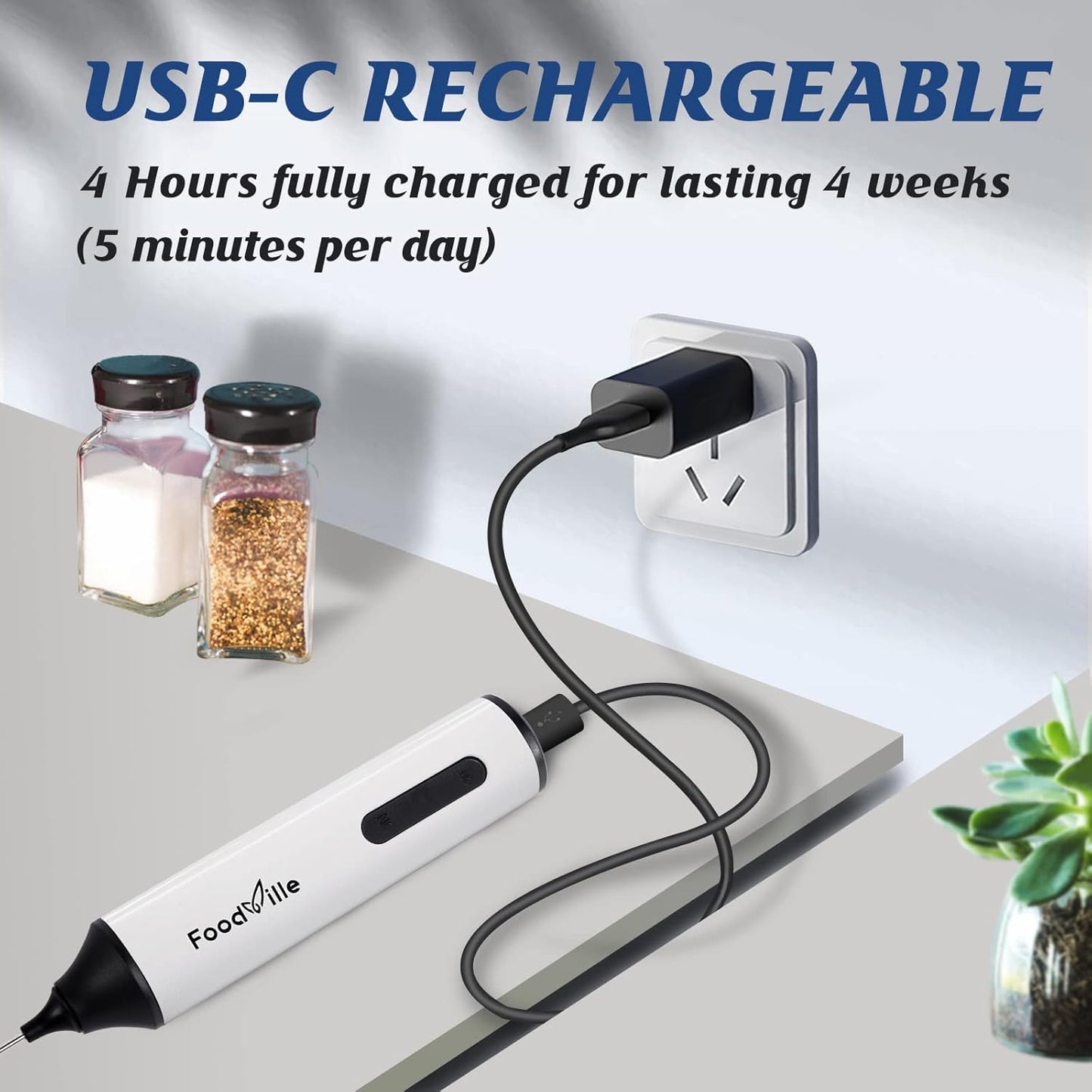 MF05 Rechargeable Milk Frother USB Charging Handheld Foam Maker with Stainless Balloon Whisk for Cappuccino, Latte, Bulletproof Coffee, Keto Diet, Protein Powder, Matcha (White)