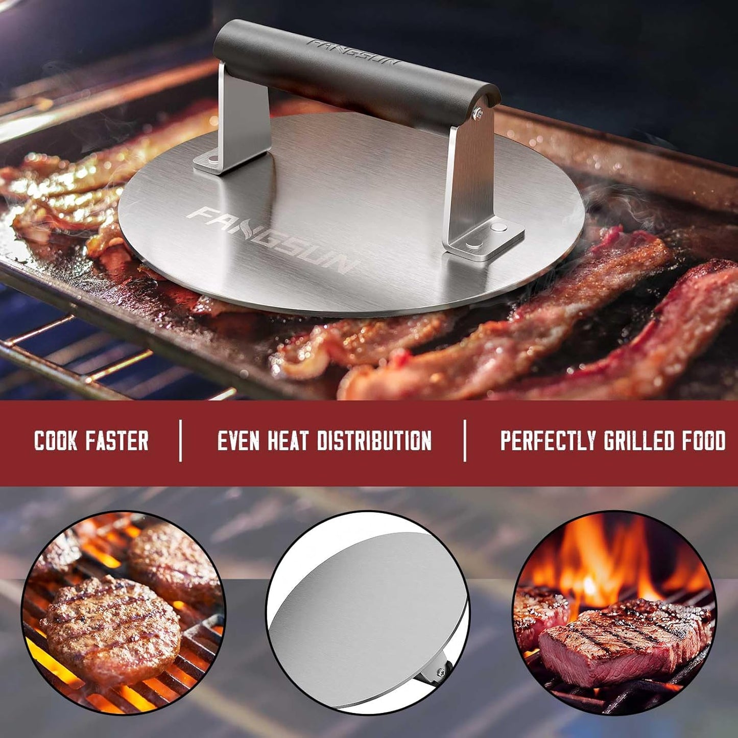 FANGSUN Bacon Press for Griddle, Stainless Steel Grill Press, 8.5-Inch Heavy-Duty Burger Press with Heat-Resistant Handle, Non Stick Hamburger Press, Weight Burger Smasher for Meat, Steak, Panini