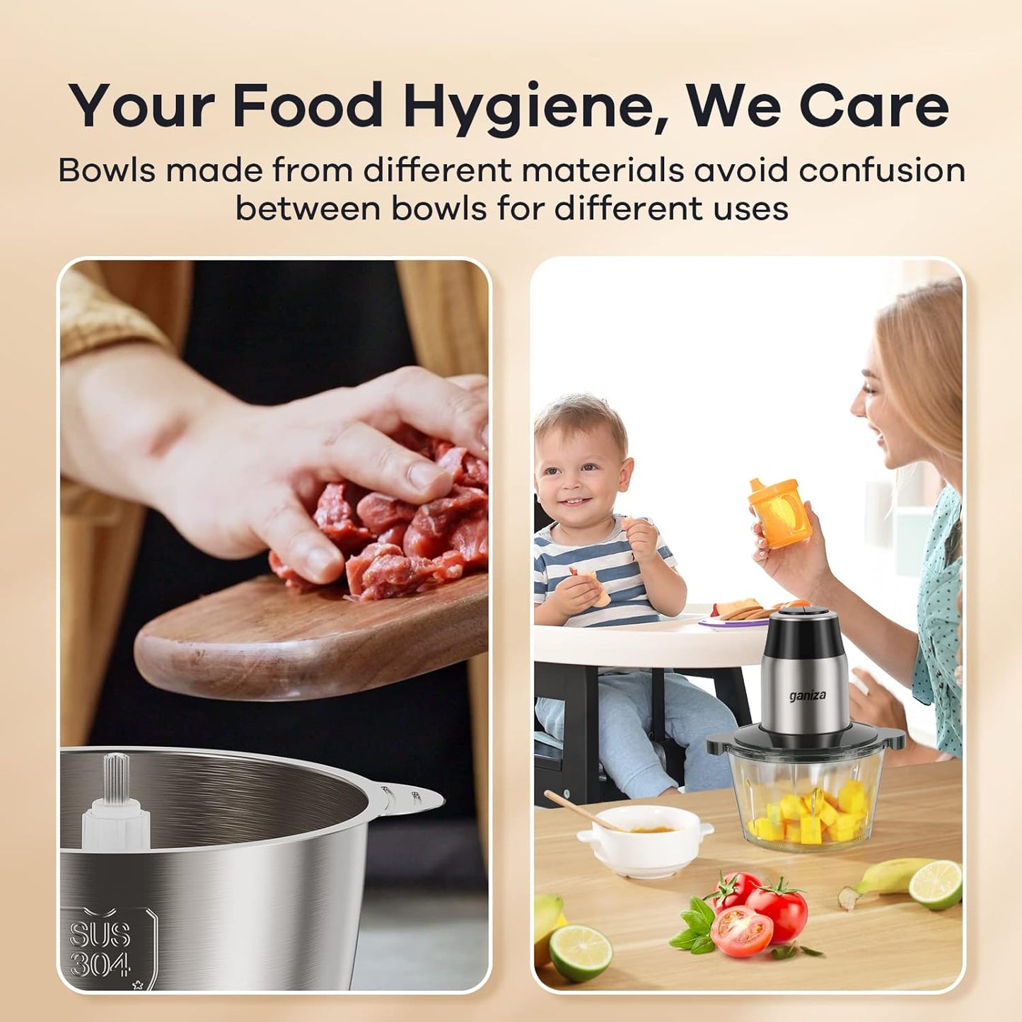 GANIZA Food Processors, Electric Food Chopper with Meat Grinder & Vegetable Chopper - 2 Bowls (8 Cup+8 Cup) with Powerful 450W Copper Motor - Includes 2 Sets of Bi-Level Blades (B0FNCM5JNM)