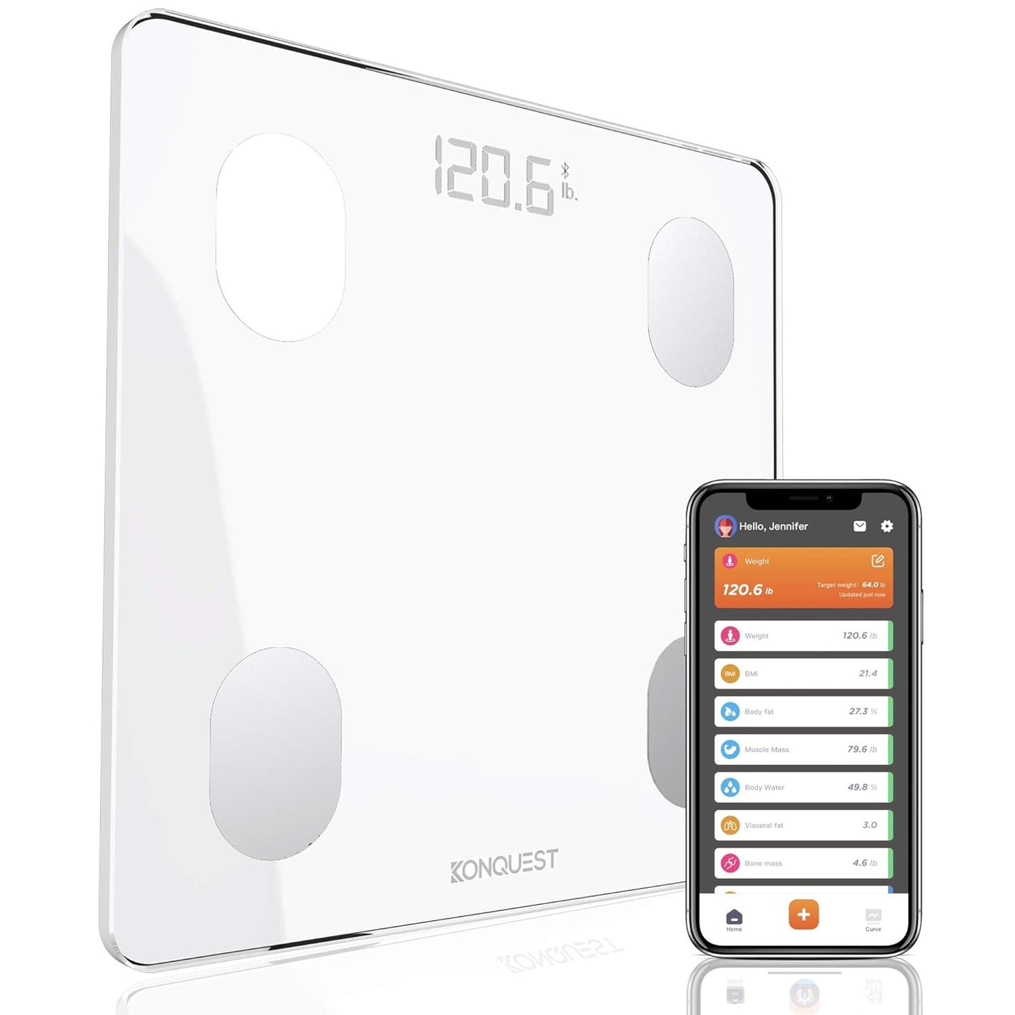KONQUEST Smart Scale for Body Weight, Digital Bathroom Scale BMI Weighing Bluetooth Body Fat Scale, Body Composition Monitor Health Analyzer with Smartphone App, 400 lbs - White