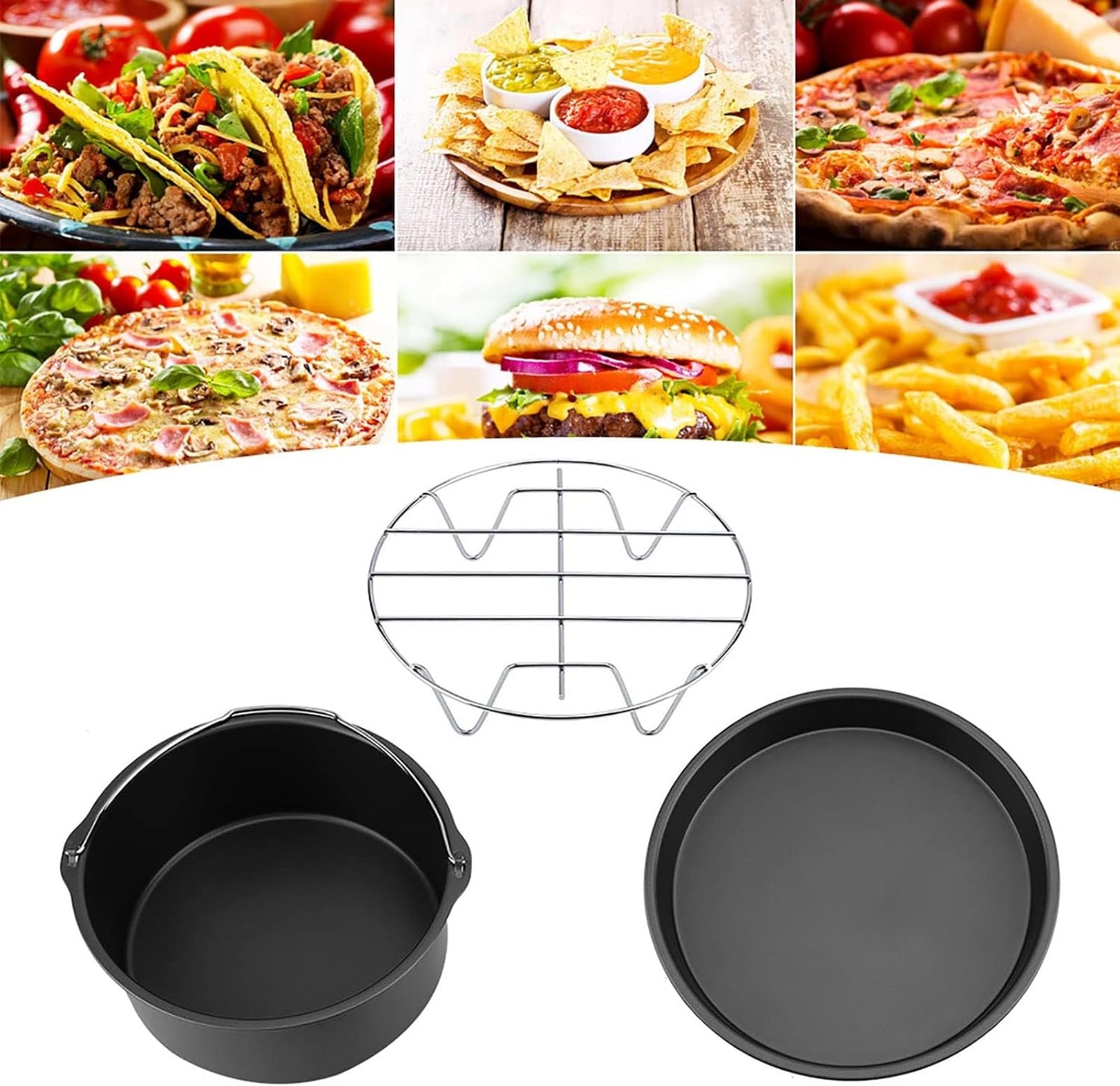 Air Fryer Baking Pan 8 Inch,3-Piece Set with Cake Pan, Pizza Tray & Grill Plate for 4Qt-5.6Qt Air Fryers (Black)