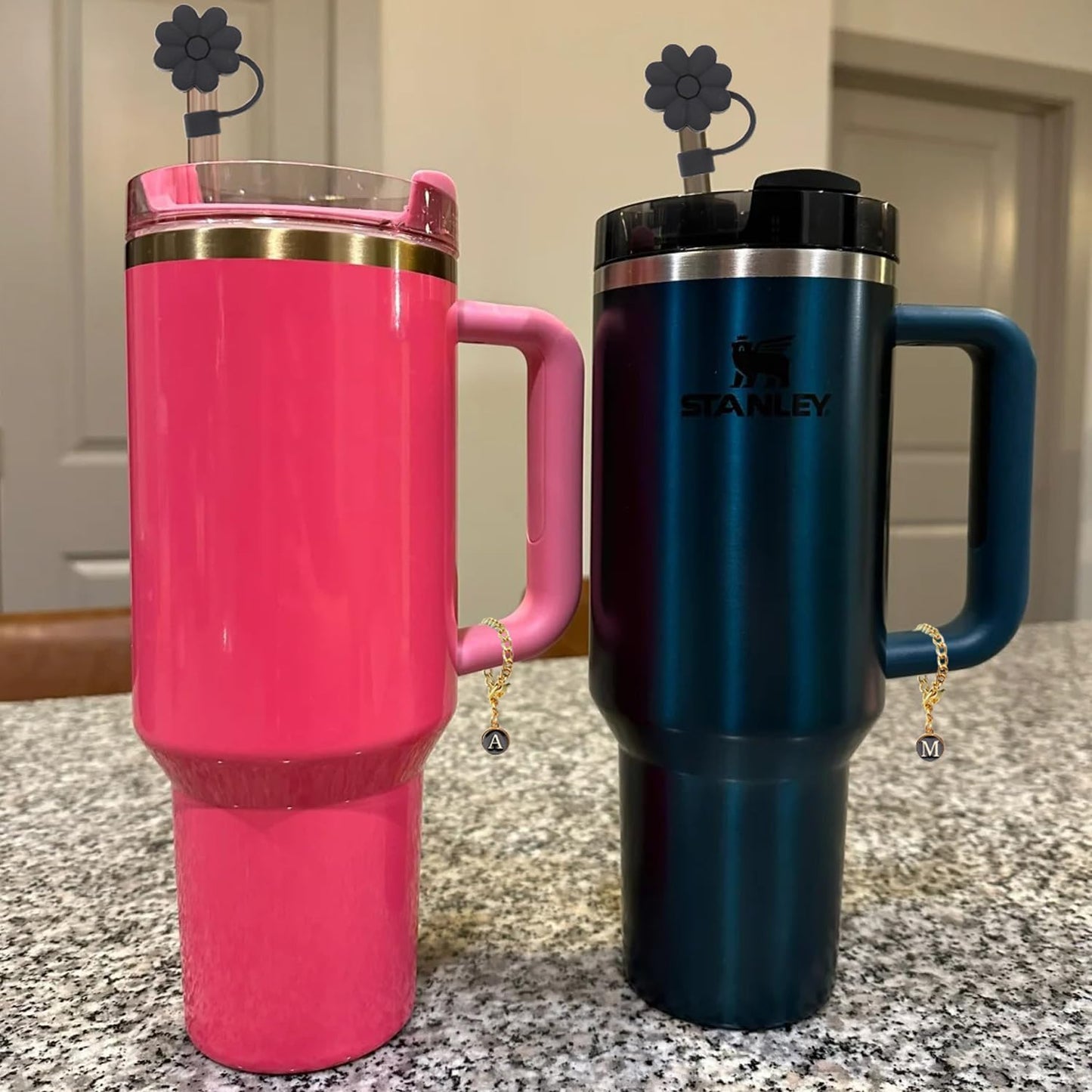 Stanley Cup Accessories, 1pc Flower Stanley Straw Cover Silicone Straw Topper for Stanley 30&40 oz Tumbler with Handle and 1pc Initial Letter Charm for Stanley Cup (Letter V)