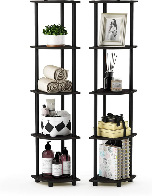 Furinno TURN-N-TUBE Corner Shelf Set of 2, 5-Tier Corner Bookshelf, Open Storage Shelves, for Organization and Storage, Living Room, Home Office, Garage, Espresso