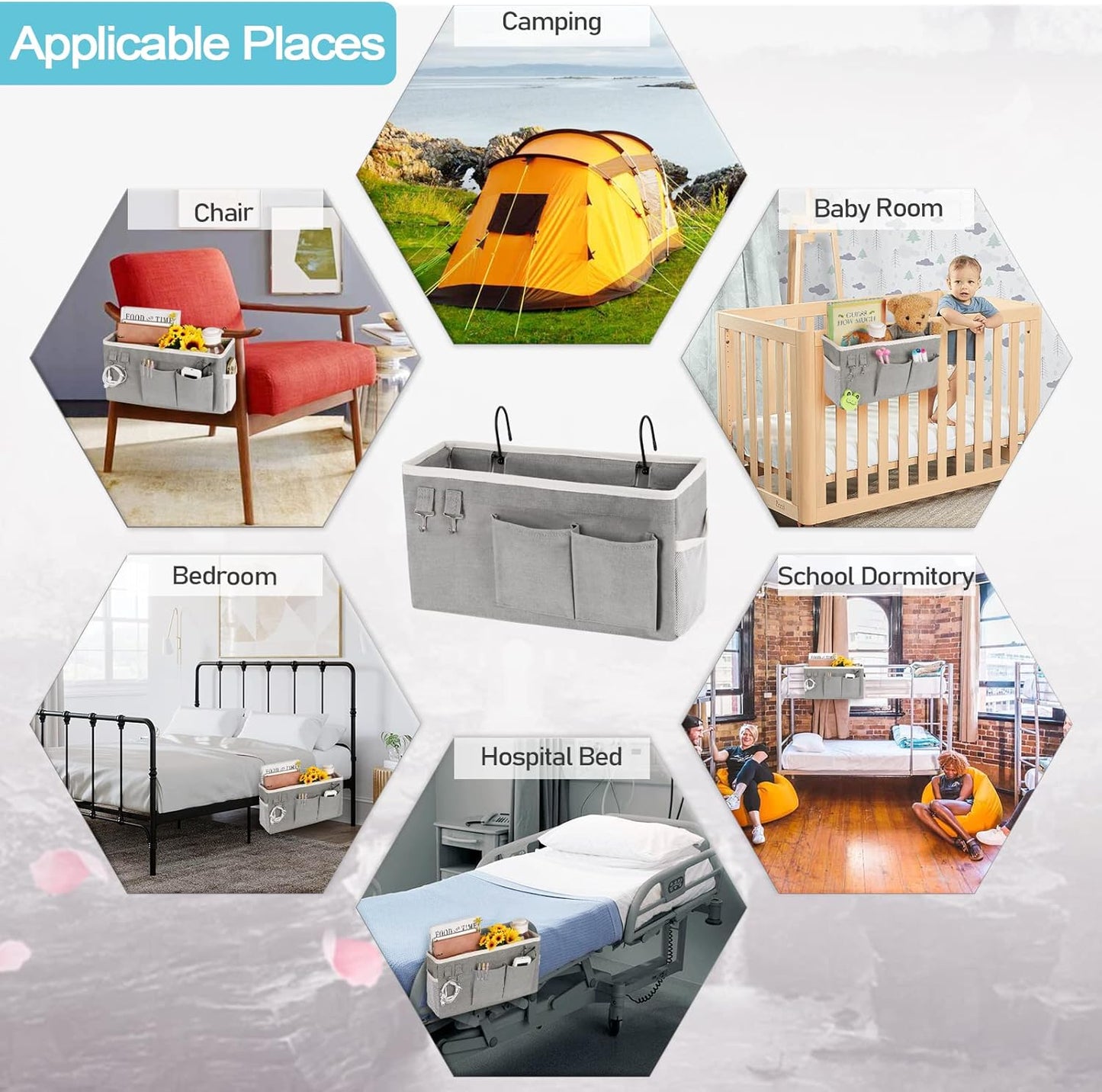 Loghot Bedside Caddy/Bedside Storage Bag Hanging Organizer for Bunk and Hospital Beds,Dorm Rooms Bed Rails,Can be Placed Glasses,Books,Mobile Phones,Keys (2pc Grey)