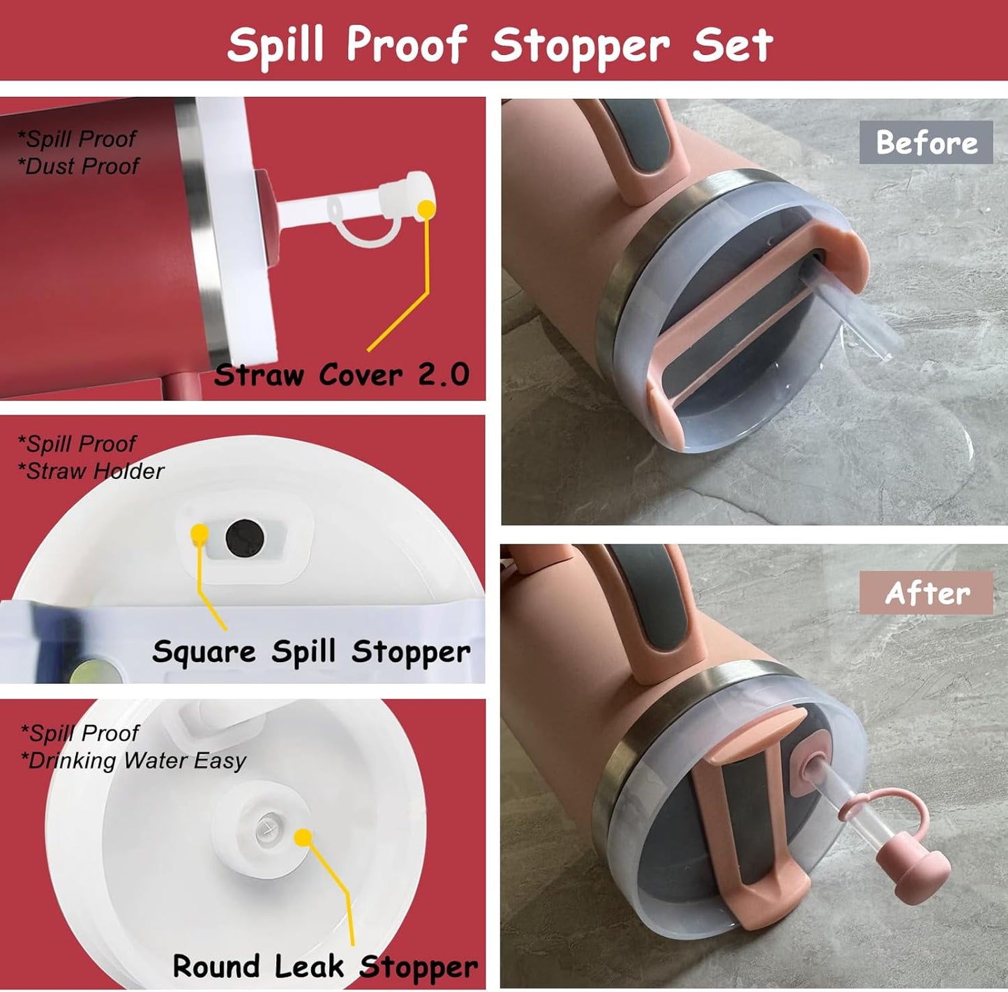 Stanley Cup Accessories Set,Including 2 Pcs 0.4in Straw Cover, 1 Silicone Spill-Proof Stopper Set of 3, 1 Cute Flower Handle Charm, 1 Silicone Boot Fits Stanley 40&30 Oz Tumbler (Cranberry)