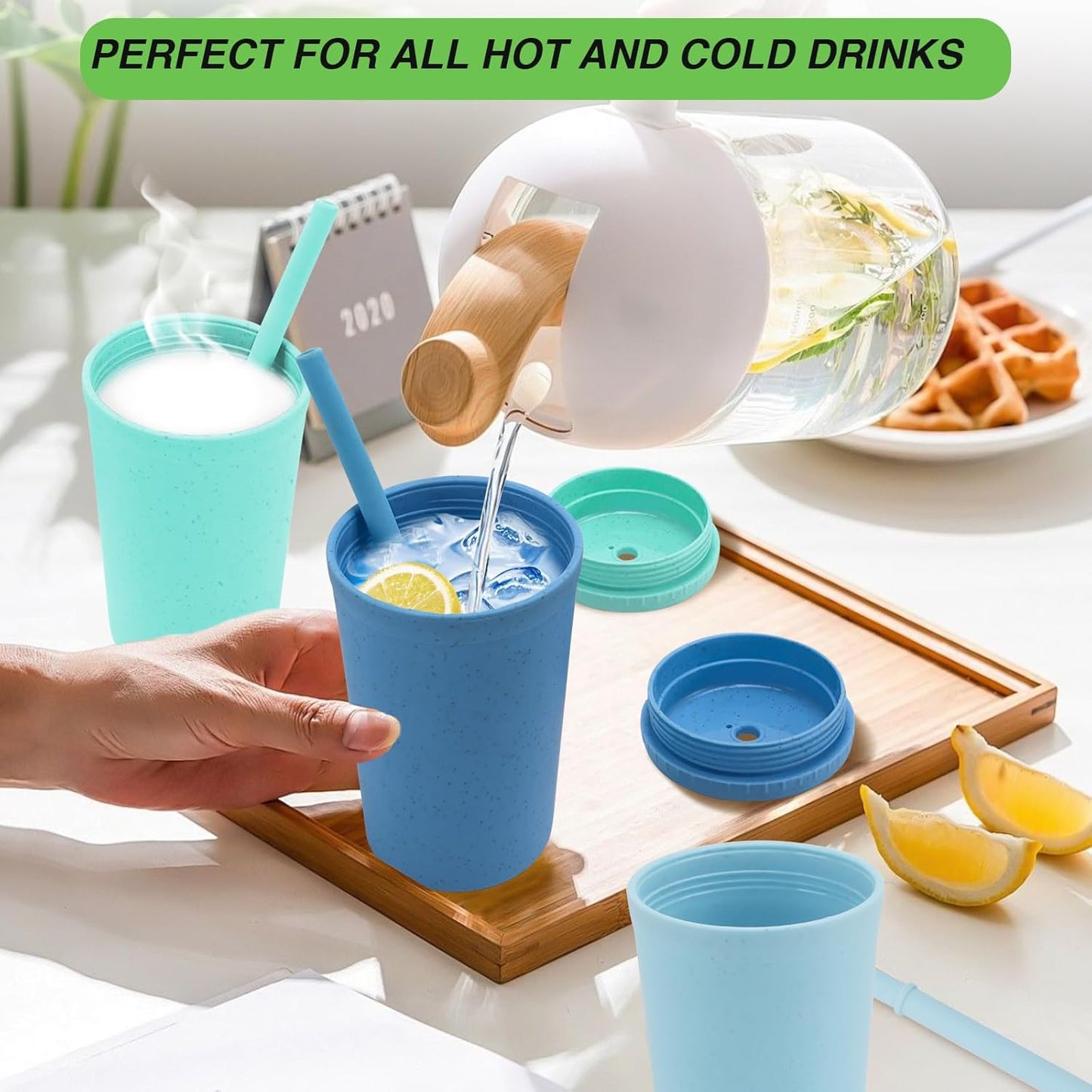 10 oz Wheat Straw Cups with Lids and Silicone Straws, Unbreakable Drinking Glasses, Plastic Cups for Kitchen, Small Tumbler Cups with Cleaning Brush, BPA Free, Dishwasher & Microwave Safe, 6 Pack