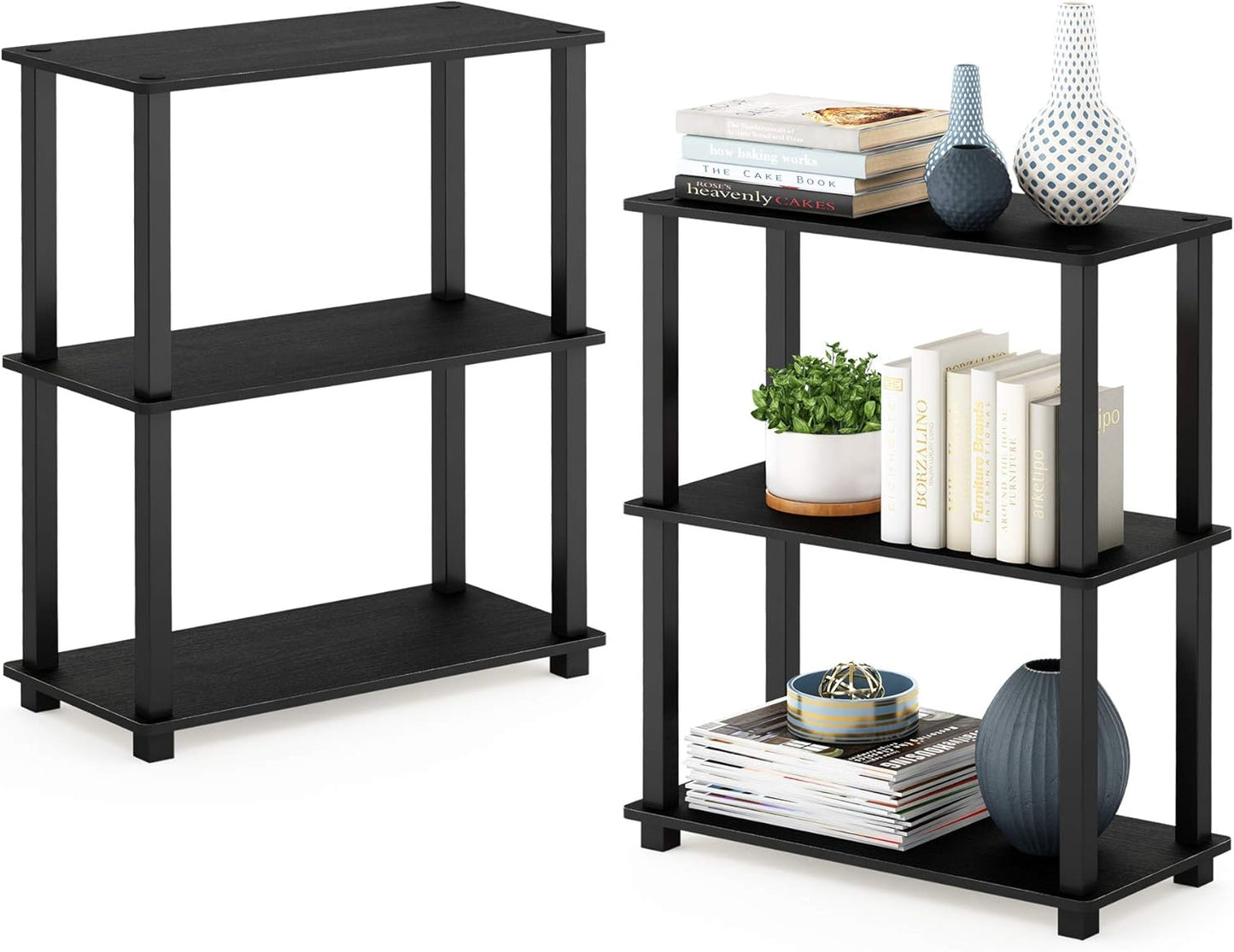 Furinno TURN-S-TUBE Storage Shelves Set of 2, 3-Tier Book Shelf, Corner Shelf, Toolless Open Shelves, Square Tubes, for Organization and Storage, Living Room, Garage, Home Office, Americano