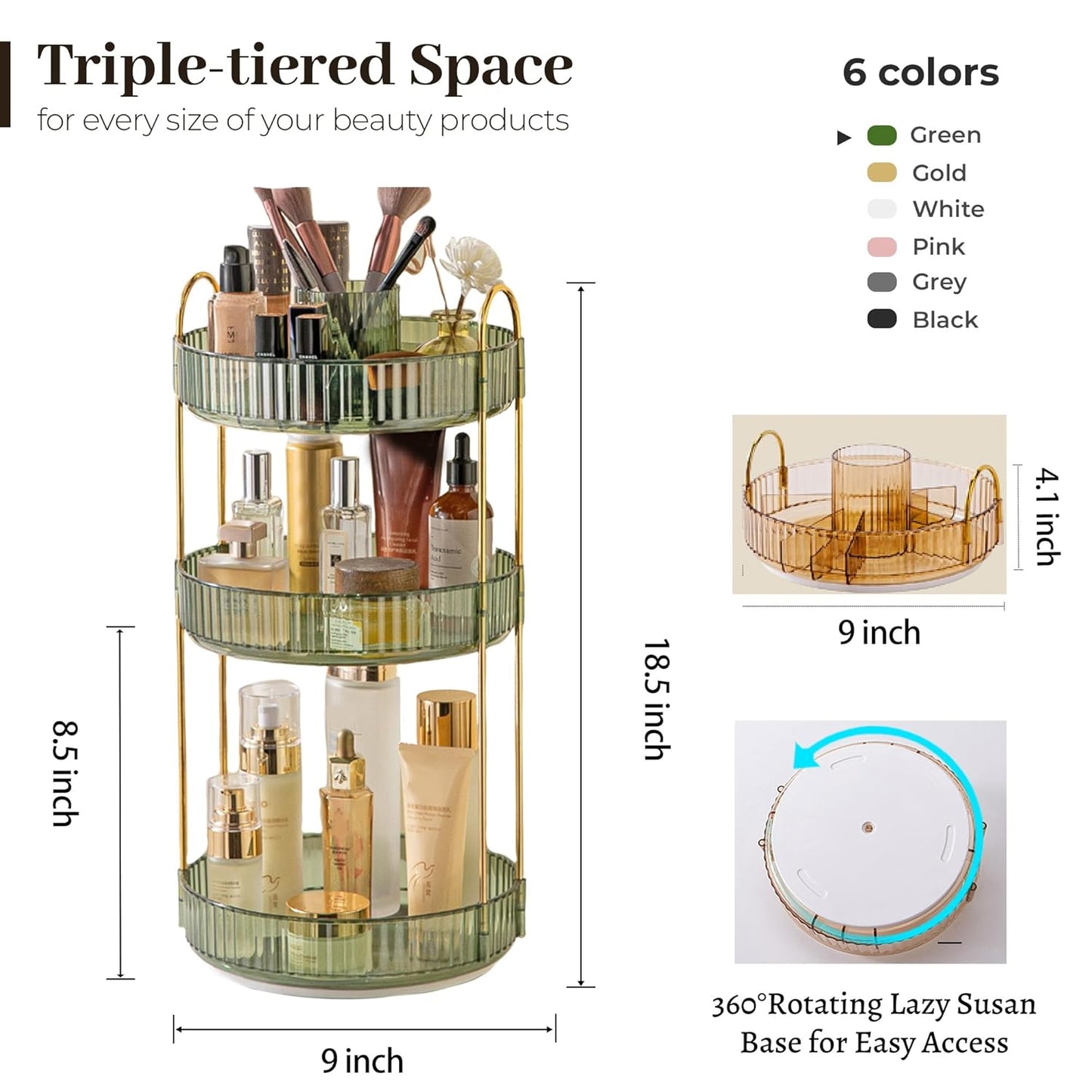 Aveniee 360 Rotating Makeup Organizer for Vanity, Perfume Storage with Brush Holder for Bathroom Countertop, 3 Tier Spinning Skincare Display Case for Lipstick Cosmetic Lotion,Green