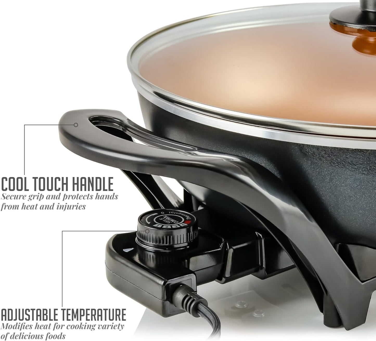 OVENTE Electric Wok with Nonstick Coating, 13 Inch Family-Sized Skillet, 1400W Power, Adjustable Temperature, Tempered Glass Lid, Cool Touch Handles and Easy to Clean Frying Surface, Copper SK3113CO