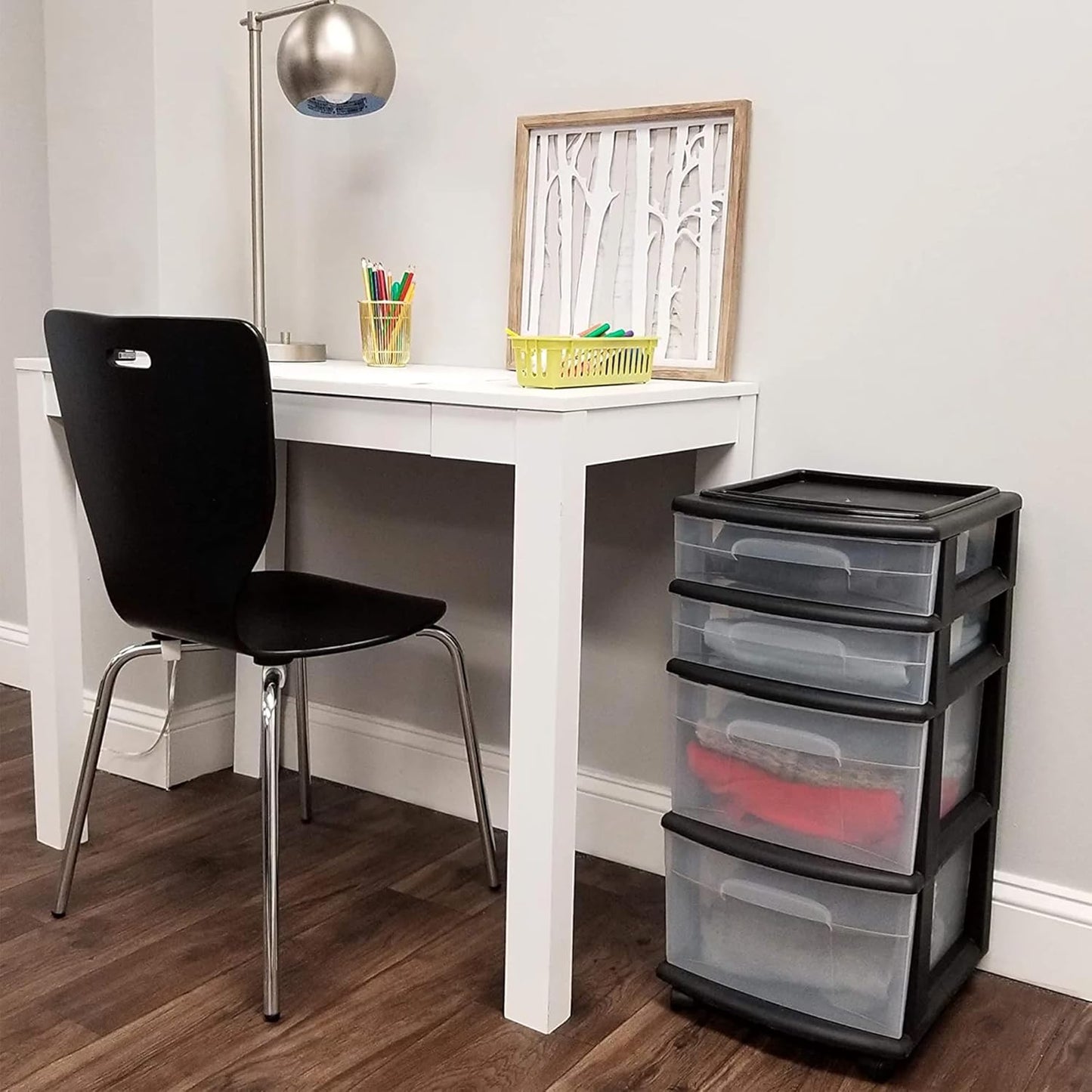 HOMZ Drawer Tower, 4-Tier Clear Plastic Storage Organizer Cart, Black Frame - Multi-Purpose Rolling Drawers with Wheels for Bedroom, Bathroom, and Office Organization