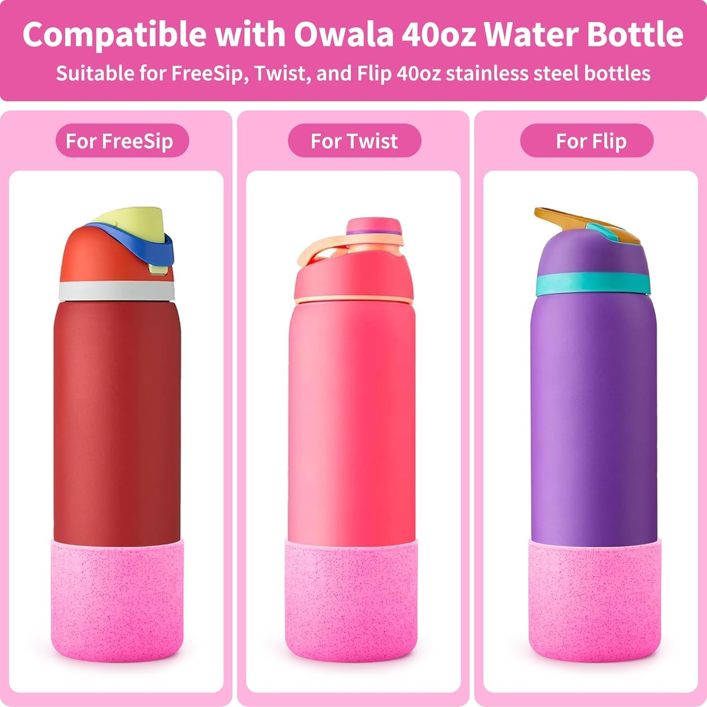 Silicone Water Bottle Boot for Owala 40 oz, Anti-Slip Protective Sleeve for Owala Twist & FreeSip & Flip Stainless Steel Water Bottle, Boot Bottom Base (Glitter Rose Red)