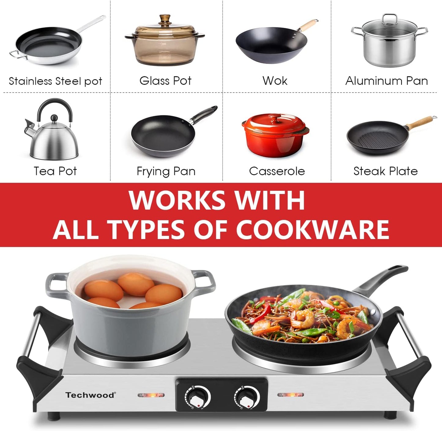 Hot Plate, Techwood Double Burner for Cooking, 1800W Countertop Electric Stoves with Adjustable Temperature & Stay Cool Handles, Dual Cooktop for RV/Home/Camp, Upgraded Version Stainless Steel, Silver