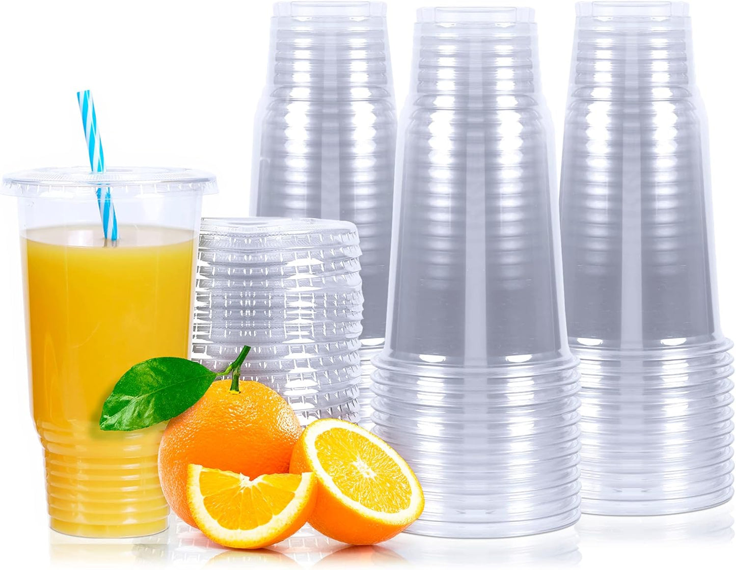 Upper Midland Products 200 Pack of 32 OZ Cups With Lids, Large Clear Disposable Plastic Cups & Lids Great For Ice Coffee, Cold Drinks, Smoothie, Milkshakes, Boba Tea